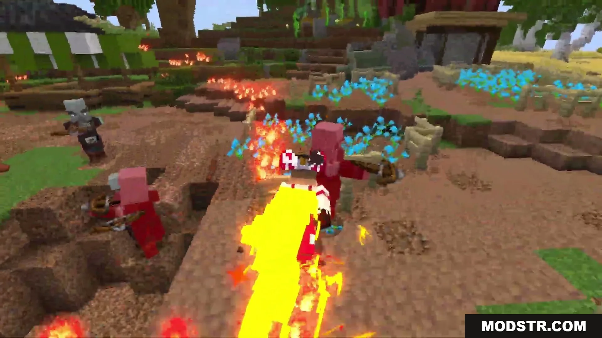 Eternal Ember Blight Mod Screenshot 9 Player character unleashes a powerful fire beam attack against hostile mobs in village