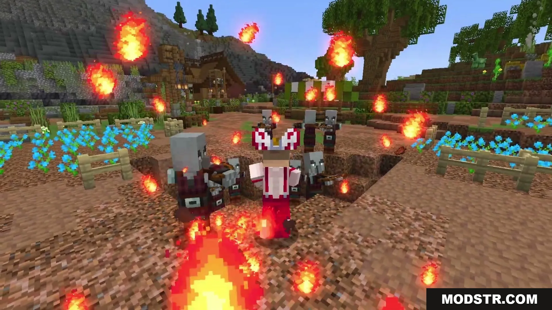 Eternal Ember Blight Mod Screenshot 3 Player using the Phoenix technique to fight pillagers with floating fireballs