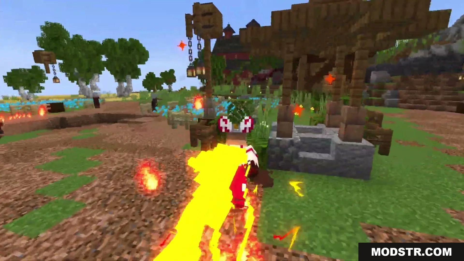 Eternal Ember Blight Mod Screenshot 7 A Minecraft character dashes past a well leaving a trail of bright yellow fire