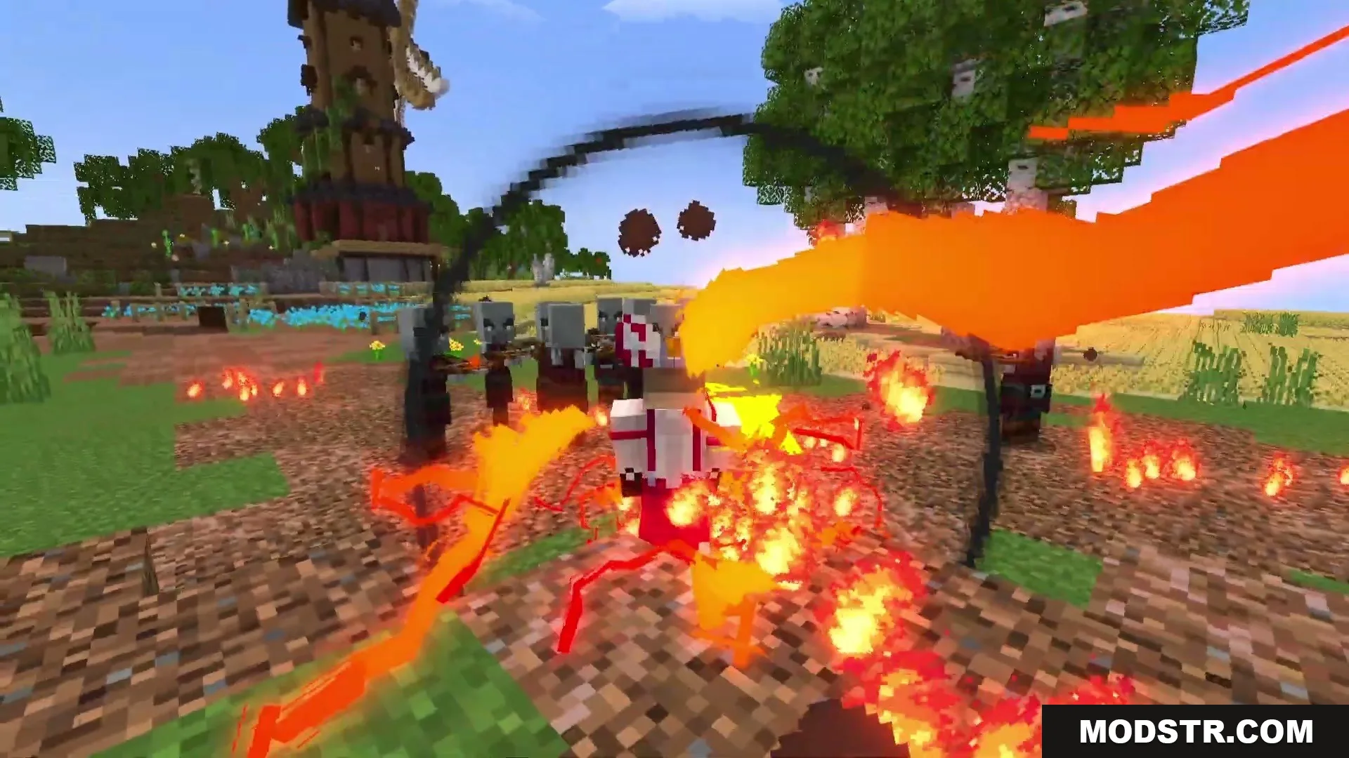 Eternal Ember Blight Mod Screenshot 13 A player character unleashes a massive fire blast against a group of pillagers