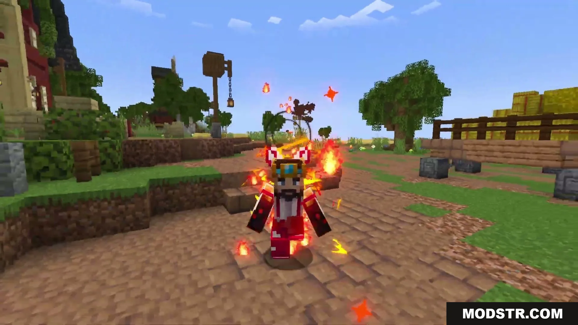 Eternal Ember Blight Mod Screenshot 17 A Minecraft character wearing a crown surrounded by intense phoenix fire effects