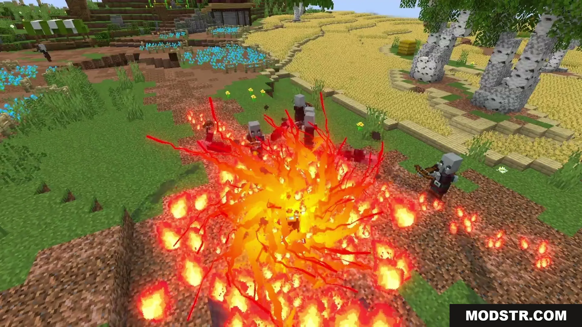 Eternal Ember Blight Mod Screenshot 15 A massive fire explosion engulfs a group of hostile Illagers in a field