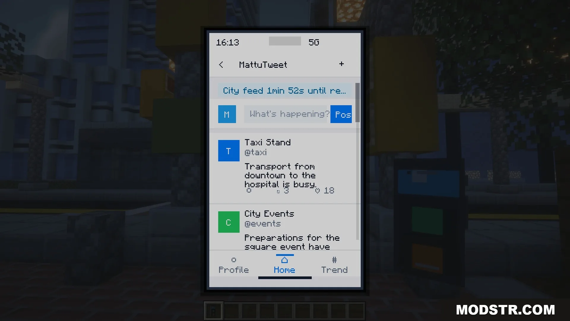 Ether Link Connect Mod Screenshot 6 The MattuTweet social media app interface on a smartphone screen in Minecraft