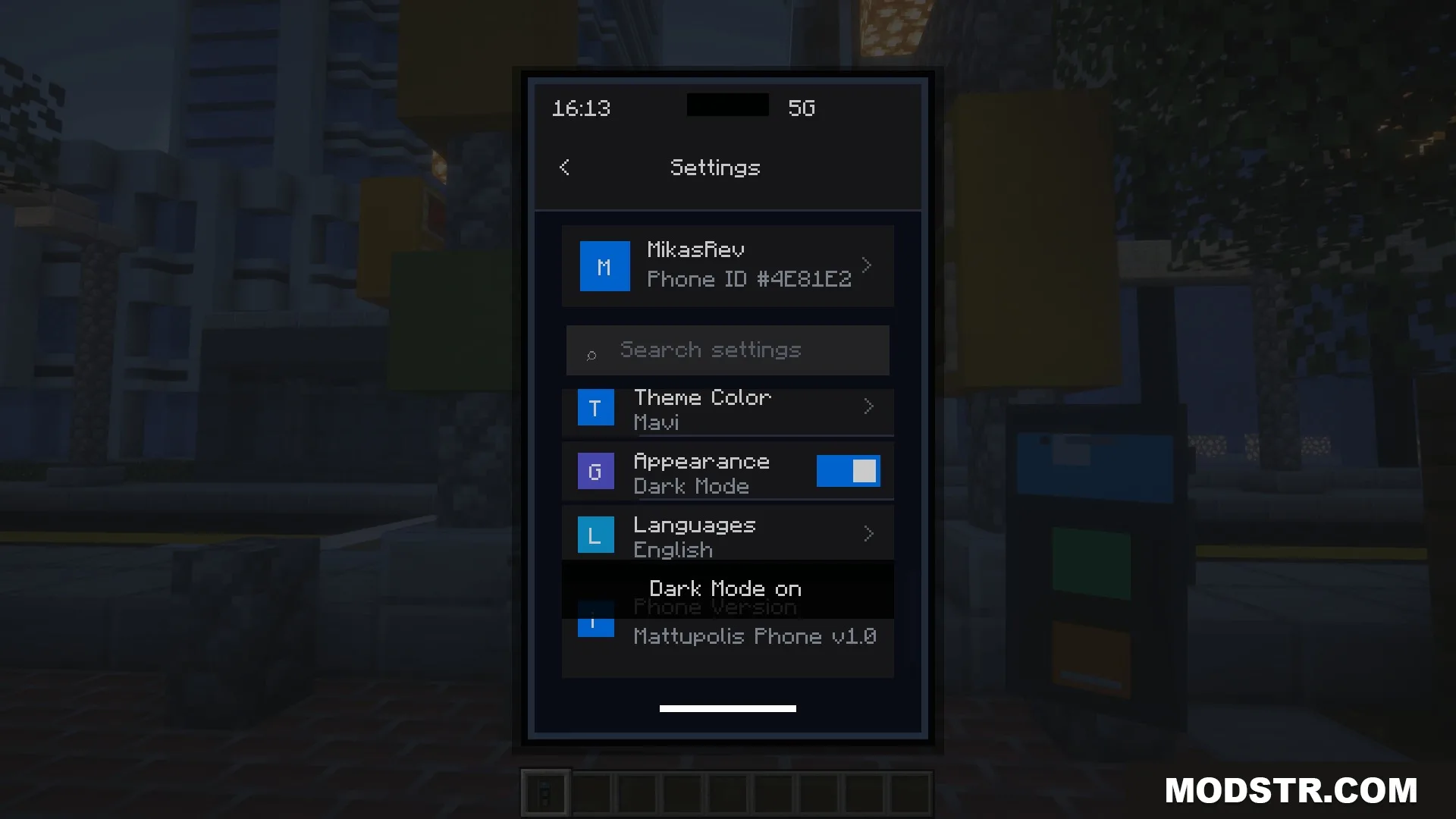 Ether Link Connect Mod Screenshot 1 Minecraft smartphone screen showing system settings and dark mode toggle options