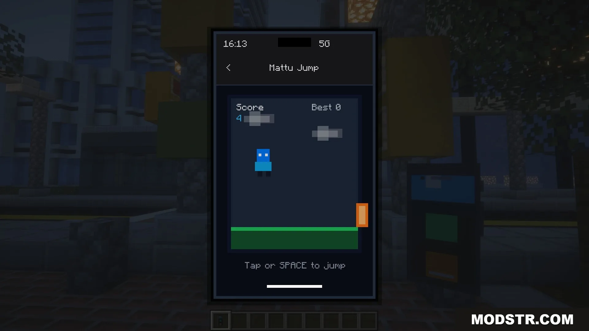 Ether Link Connect Mod Screenshot 2 Playing a jumping mini game on a functional smartphone device in Minecraft