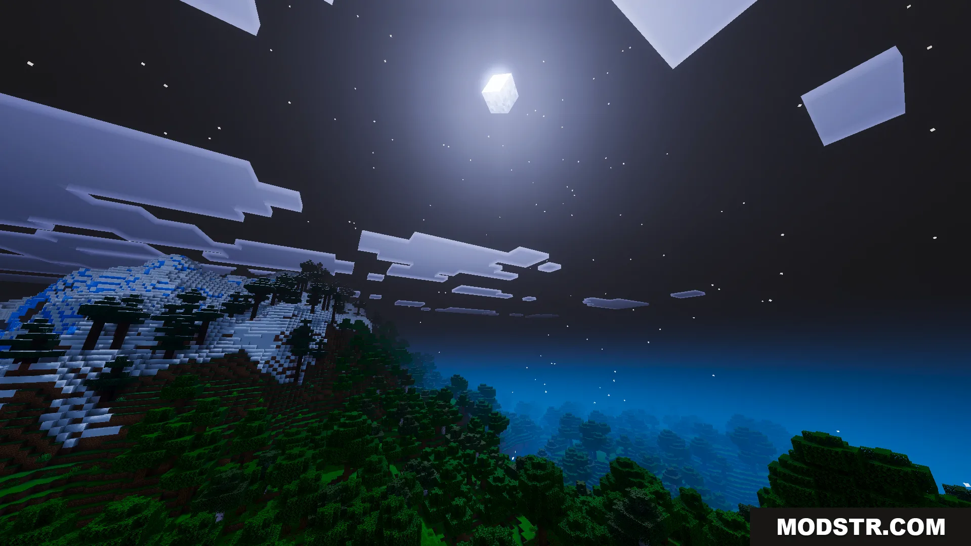 Ethereal Mystic Shader Screenshot 5 Snowy mountains and dense forests under a bright moonlit night sky