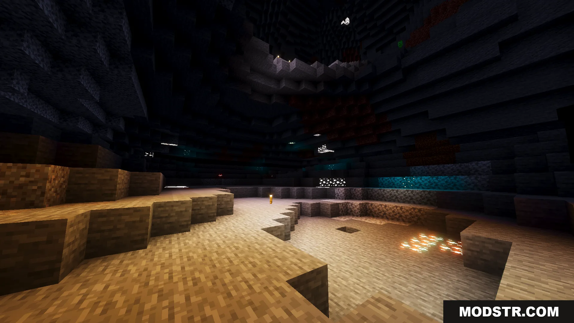 Ethereal Mystic Shader Screenshot 2 Large underground cavern with magical glowing ores and soft shadows from the shader