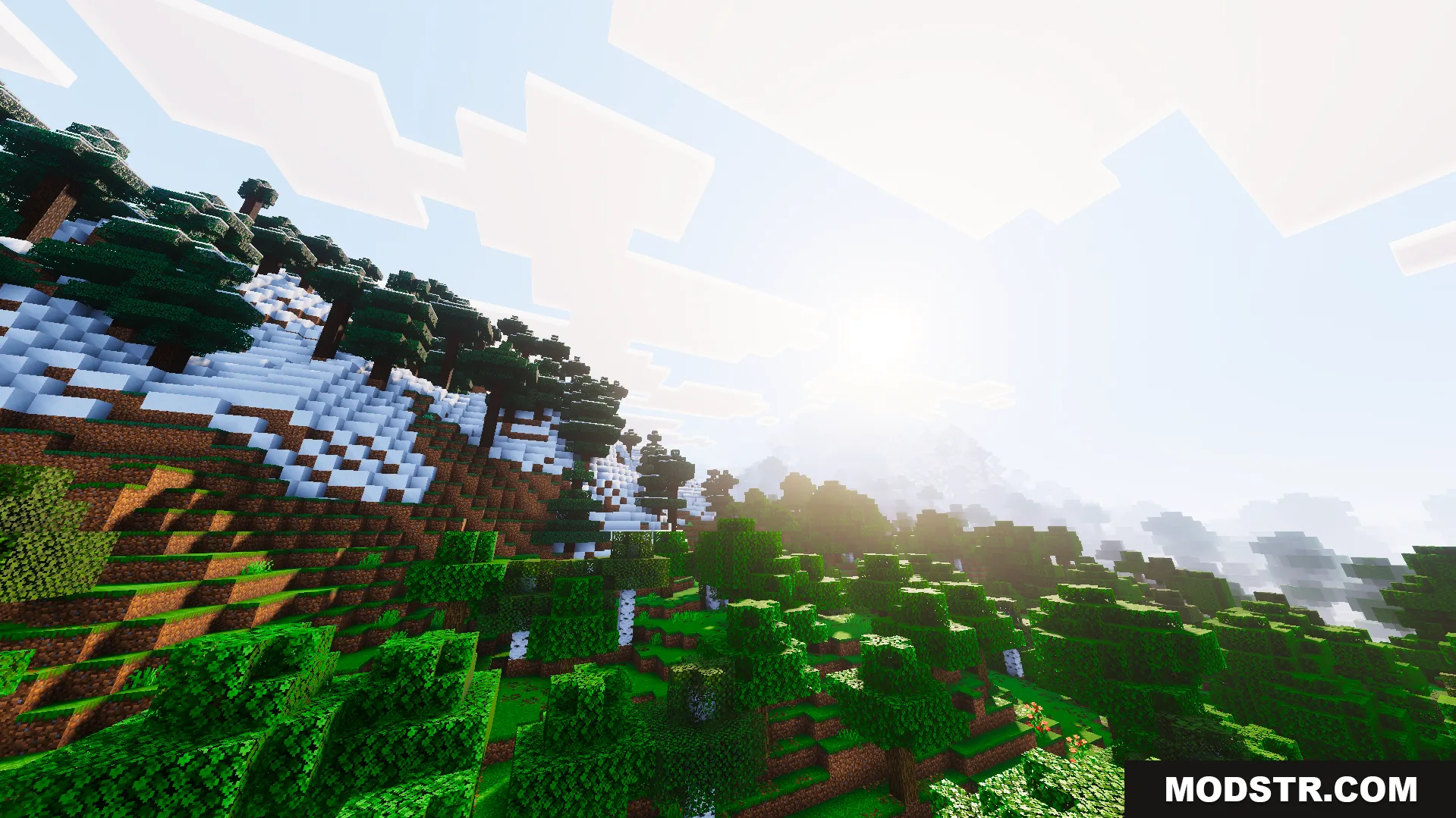 Ethereal Mystic Shader Screenshot 8 Snowy mountain slope with green trees and thick mist in the distance