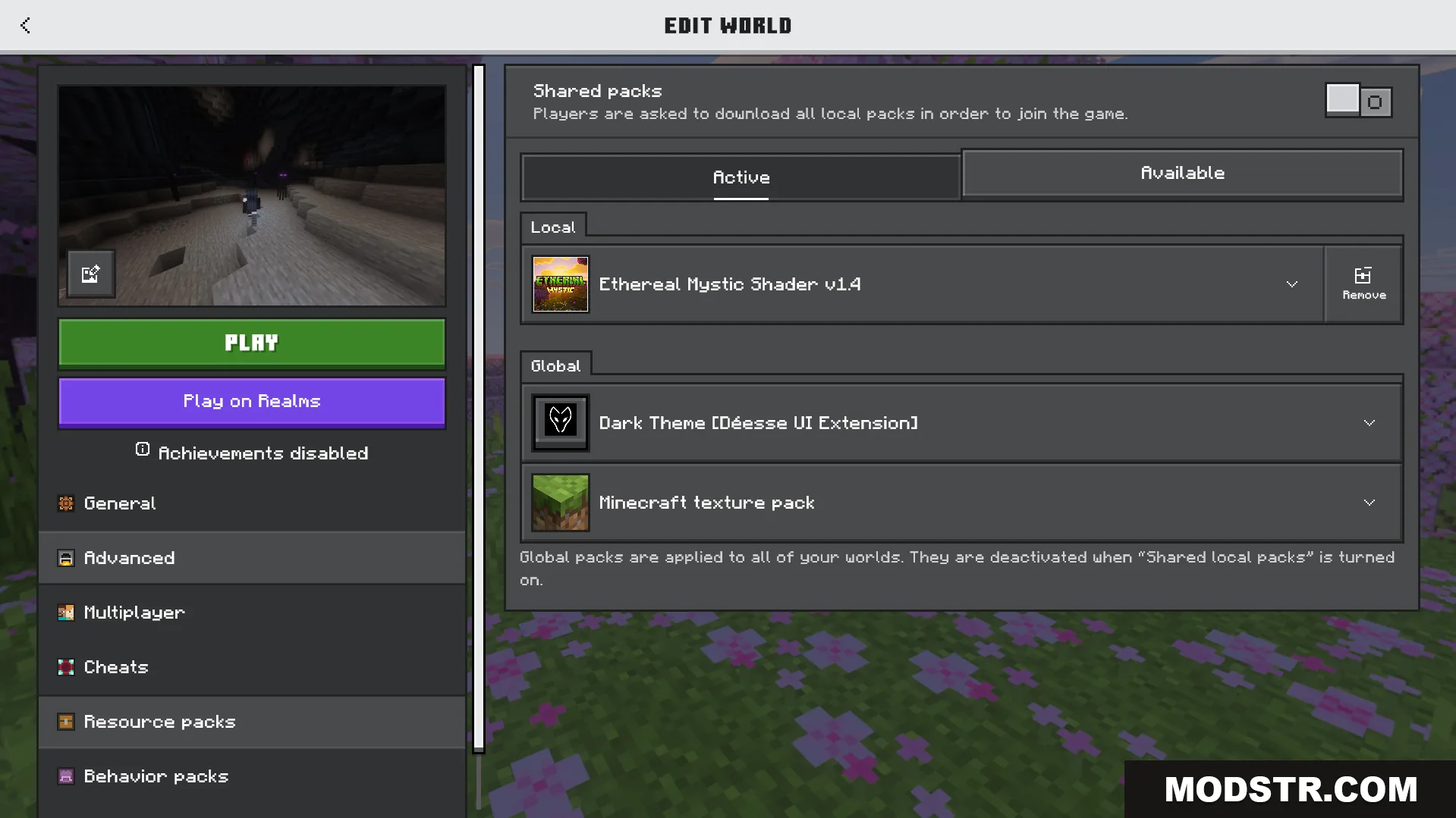 Ethereal Mystic Shader Screenshot 1 Minecraft Bedrock resource packs menu with the Ethereal Mystic Shader addon active