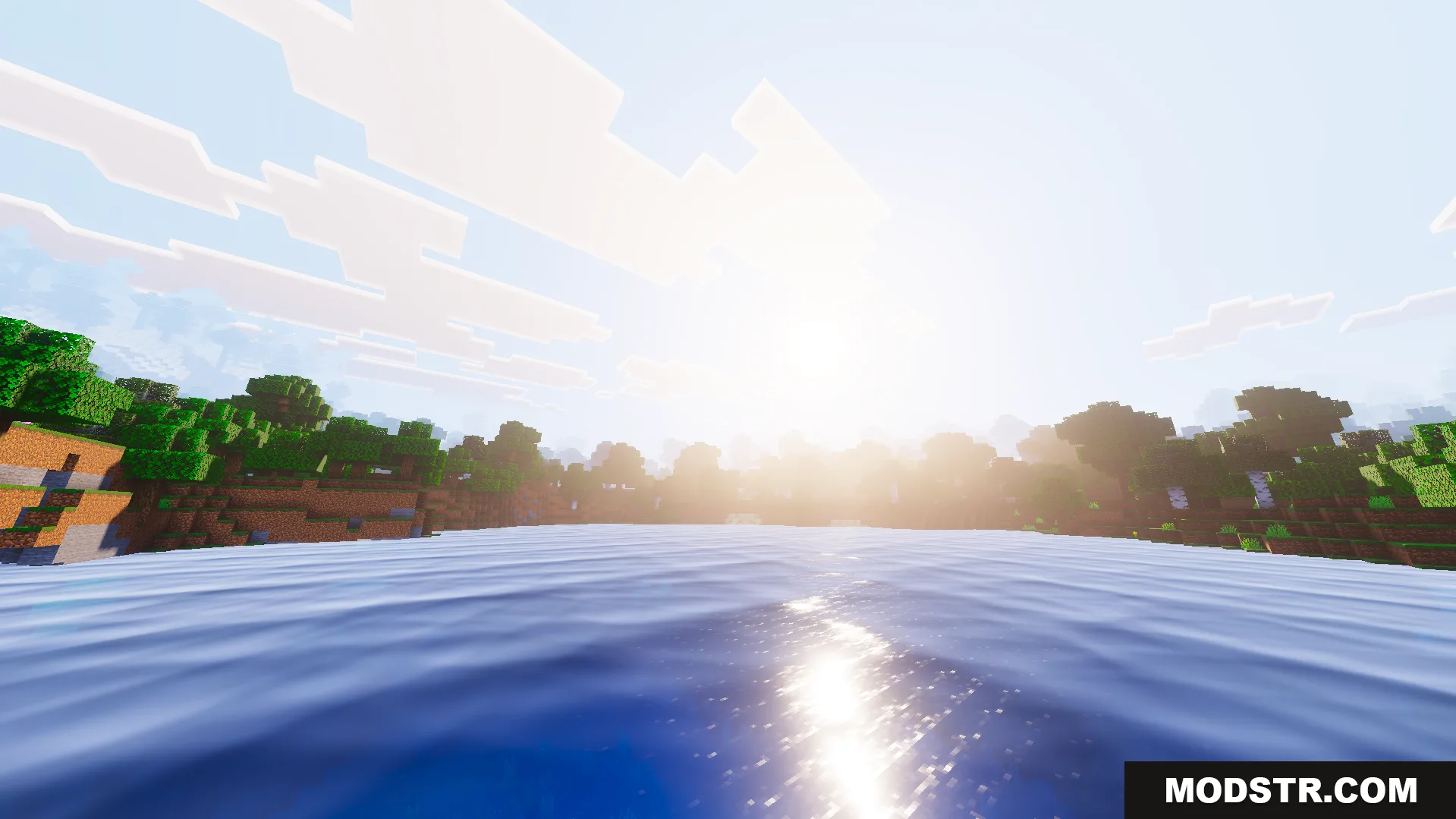 Ethereal Mystic Shader Screenshot 7 Bright sun shining over a lake with animated water and realistic reflections
