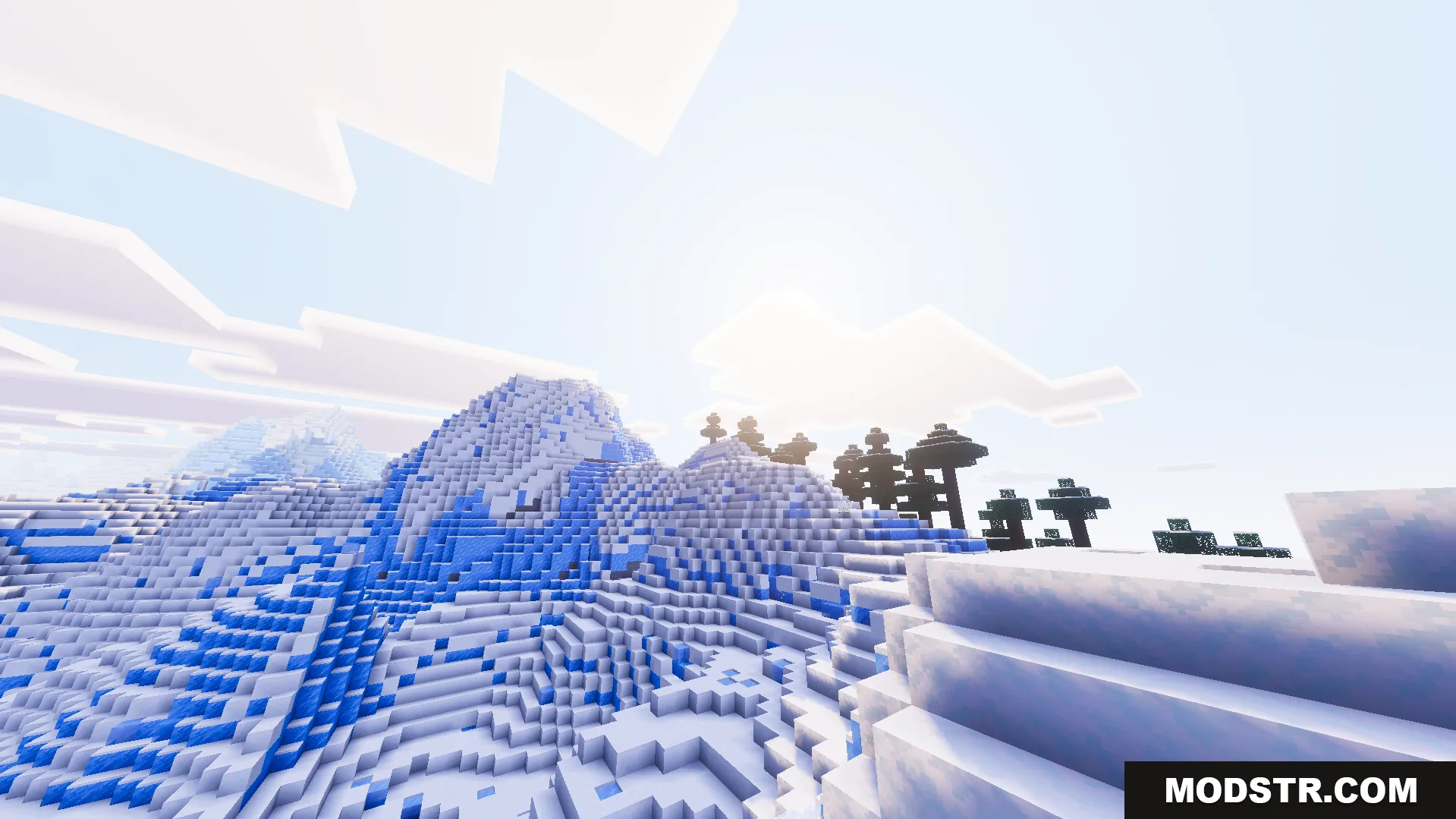 Ethereal Mystic Shader Screenshot 9 Cinematic snowy mountain landscape with soft blue shadows and dreamy faded color tones