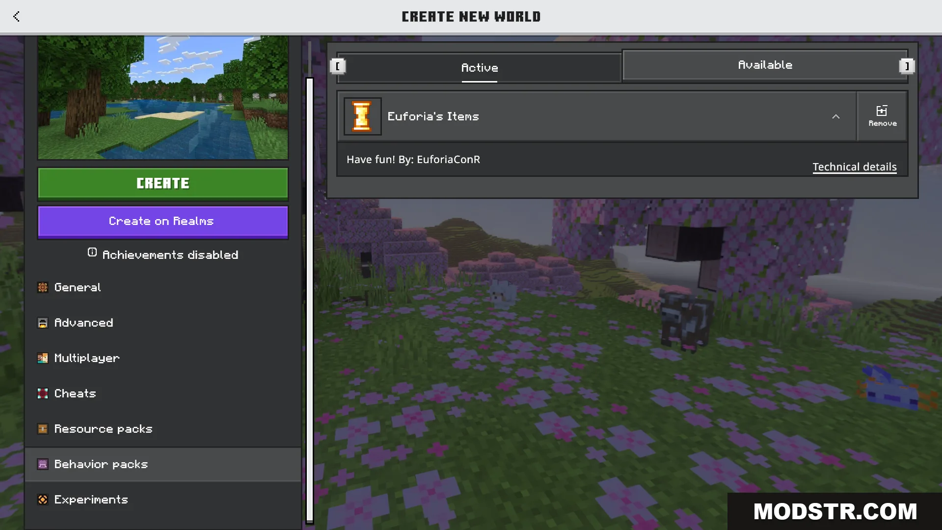 Euforias Items Addon Screenshot 1 Create New World screen showing Euforias Items behavior pack active