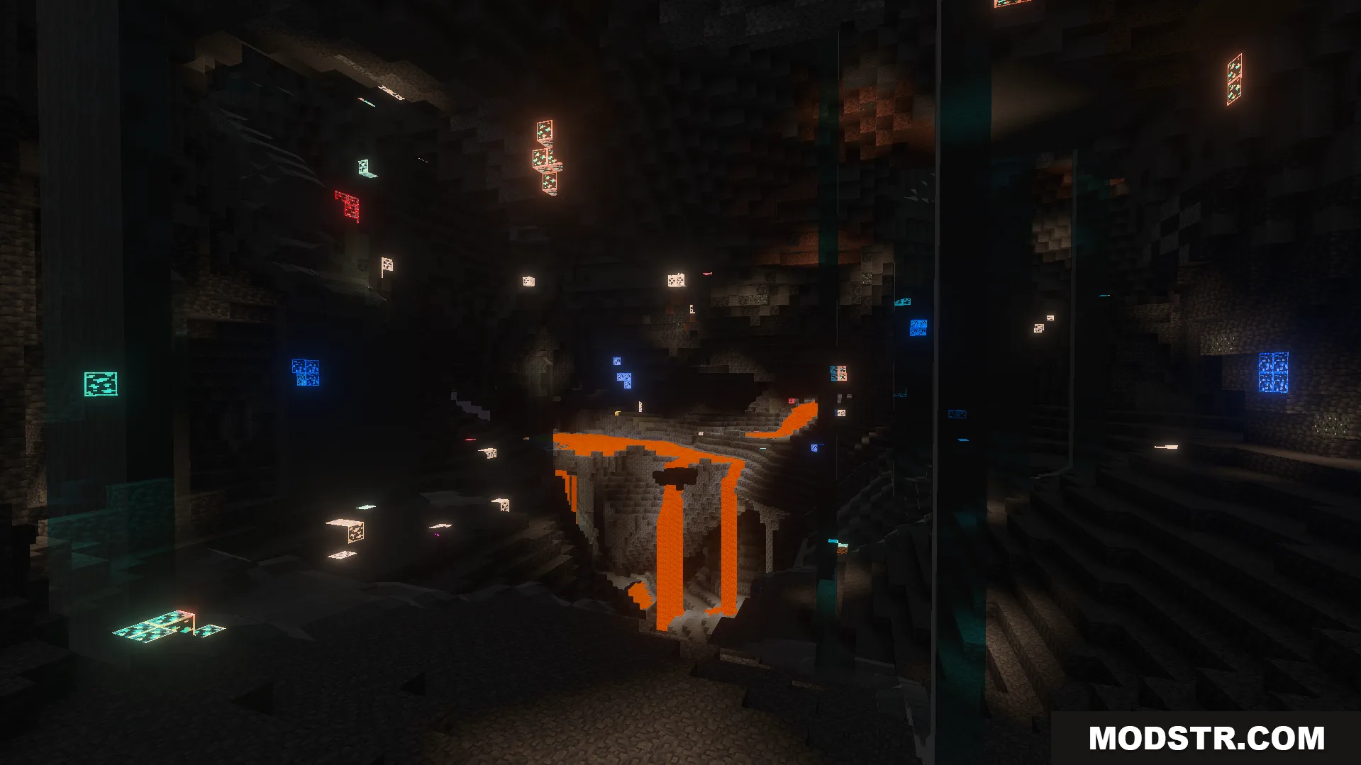 EuphrosyneLights Glowing Ores Texture Pack Screenshot 6 Lava flowing in a cave with glowing ores