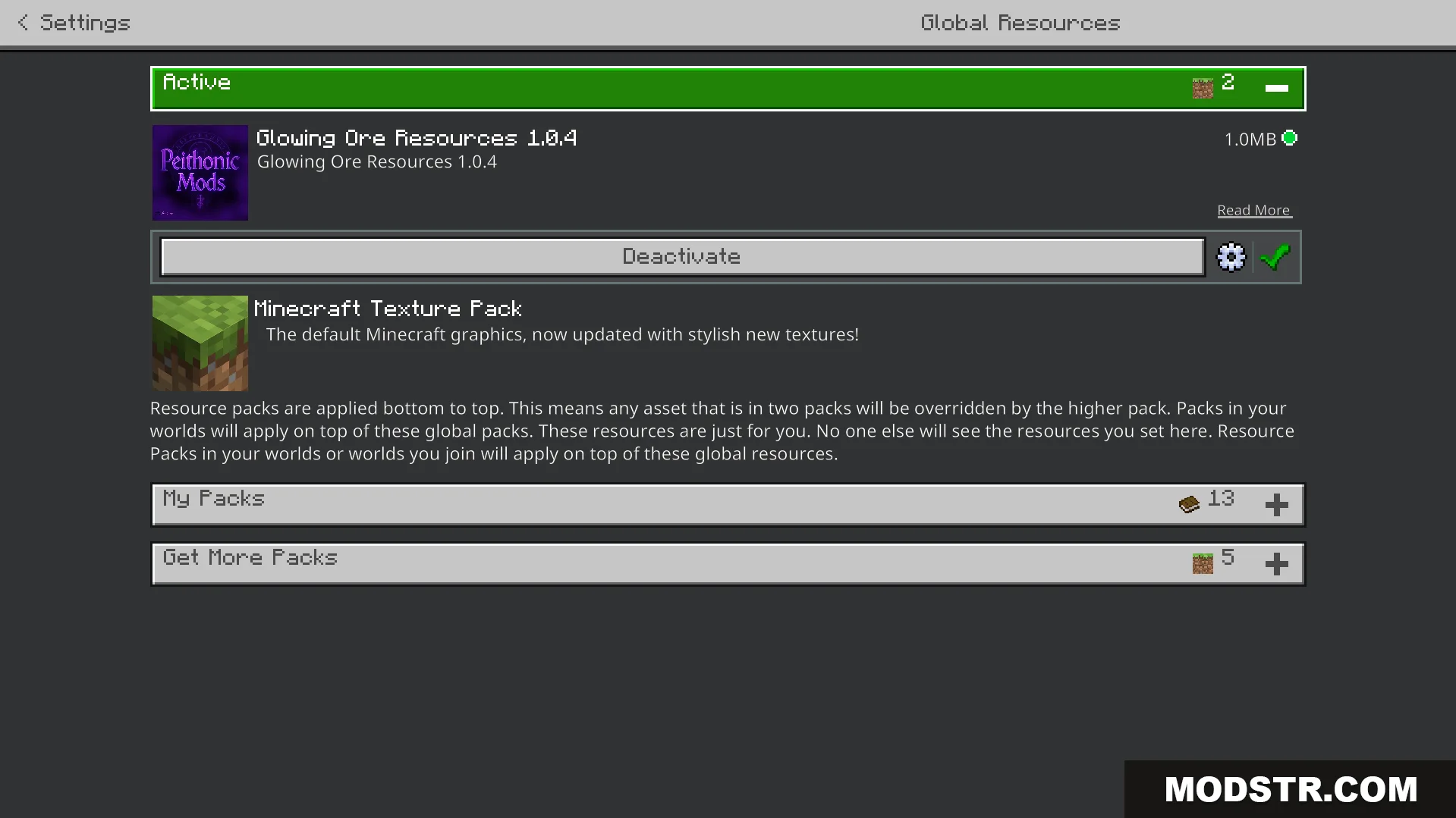 EuphrosyneLights Glowing Ores Texture Pack Screenshot 1 Settings menu showing active global resources with glowing ore pack selected