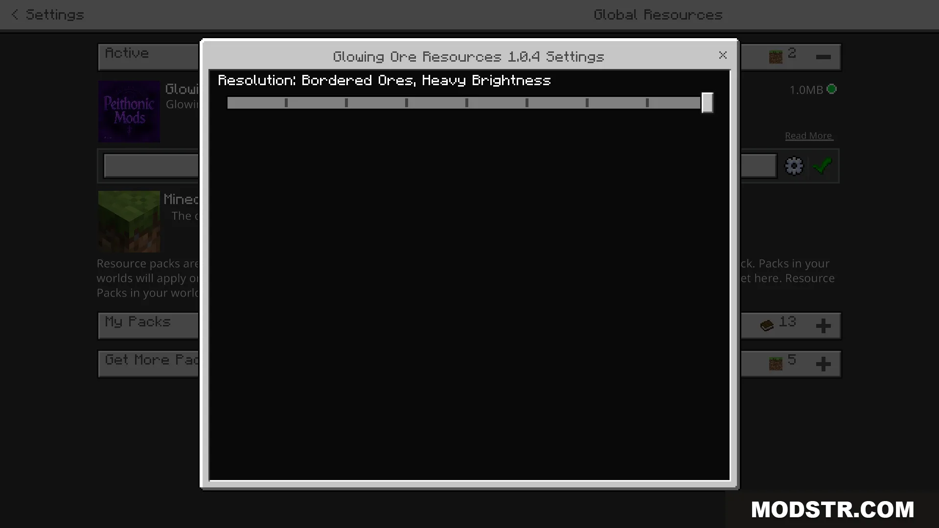 EuphrosyneLights Glowing Ores Texture Pack Screenshot 2 Settings menu showing resolution slider for glowing ore resources pack