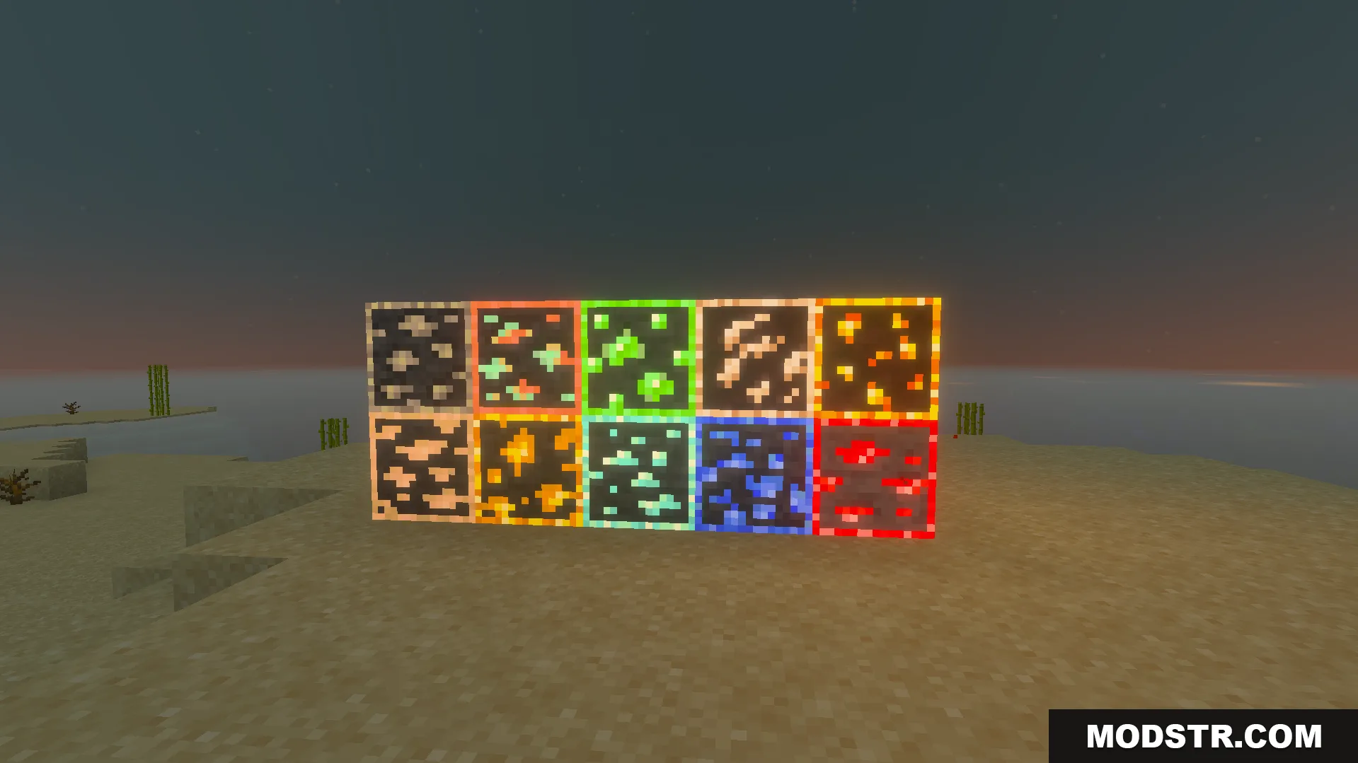 EuphrosyneLights Glowing Ores Texture Pack Screenshot 3 Glowing ore blocks displayed on sand in a Minecraft world