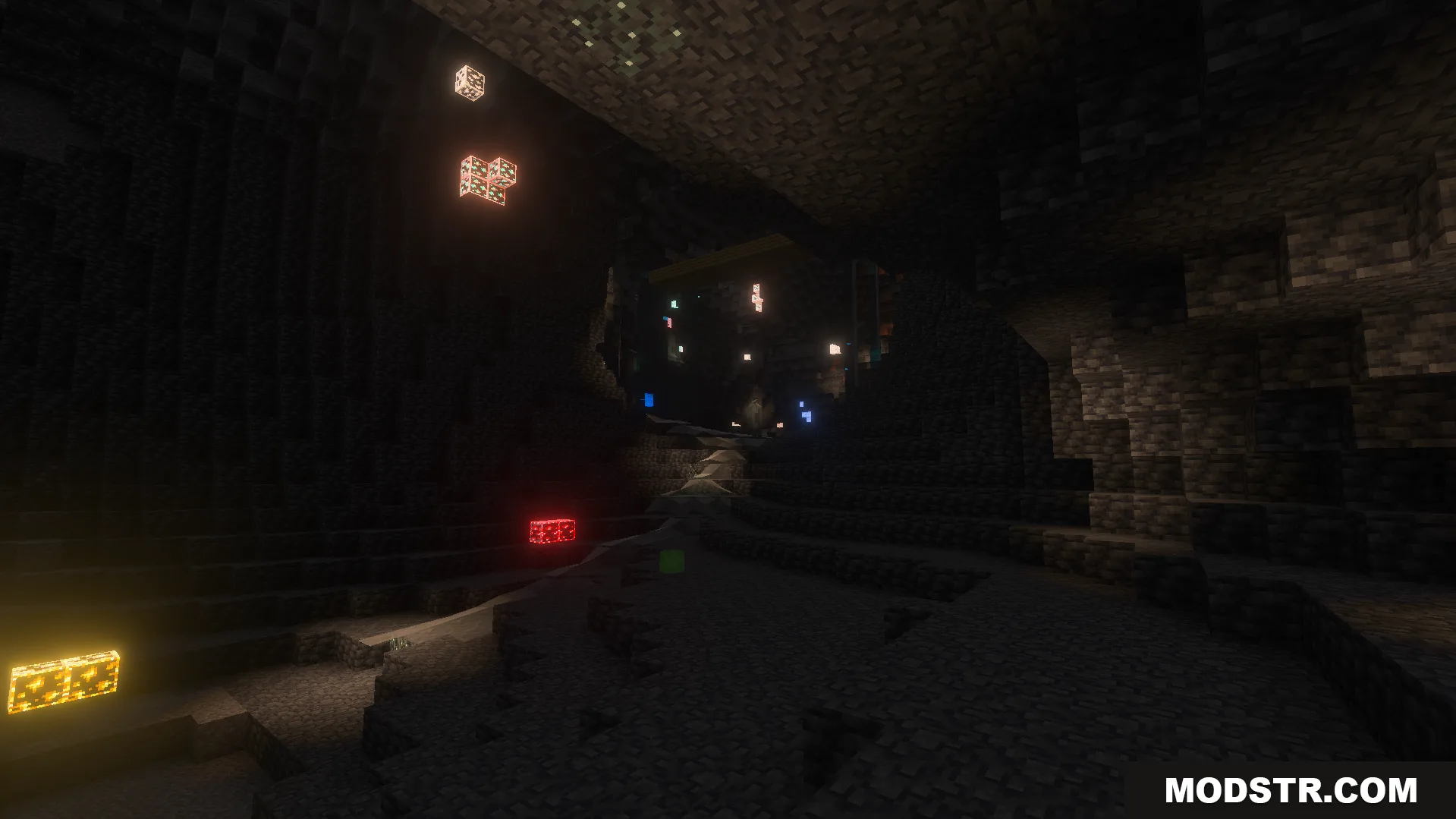 EuphrosyneLights Glowing Ores Texture Pack Screenshot 5 Glowing ores scattered in a dark cave environment