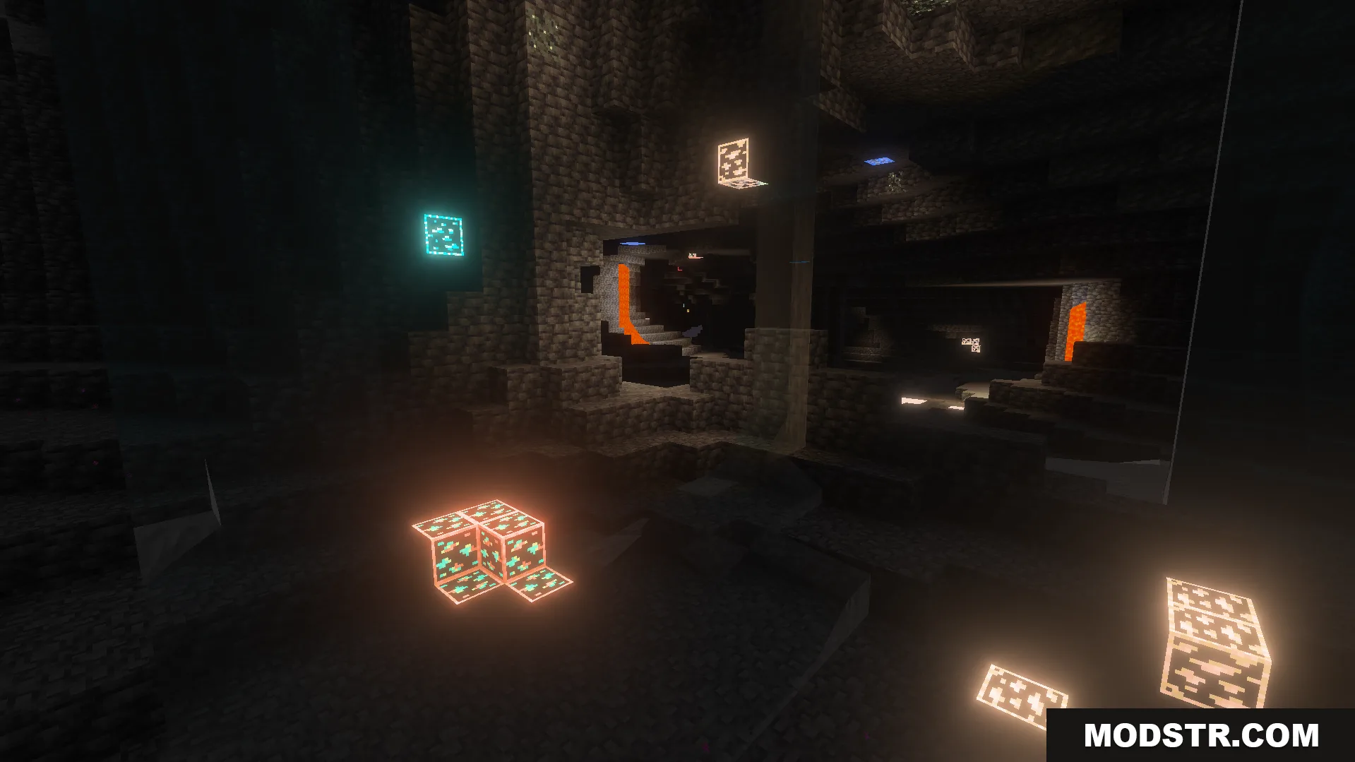 EuphrosyneLights Glowing Ores Texture Pack Screenshot 7 Glowing diamond ores illuminating a dark cave floor