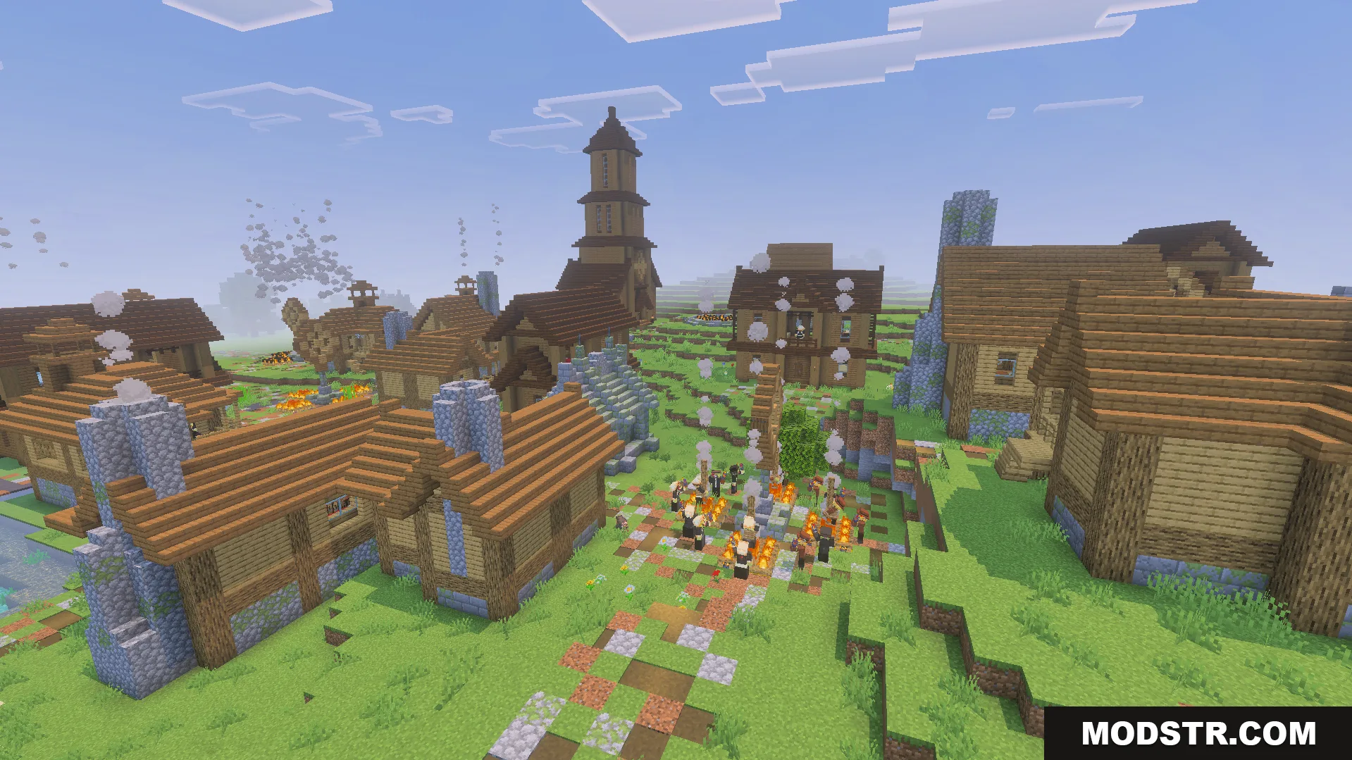 Evil Worst Addon features a large village with wooden houses and central campfires