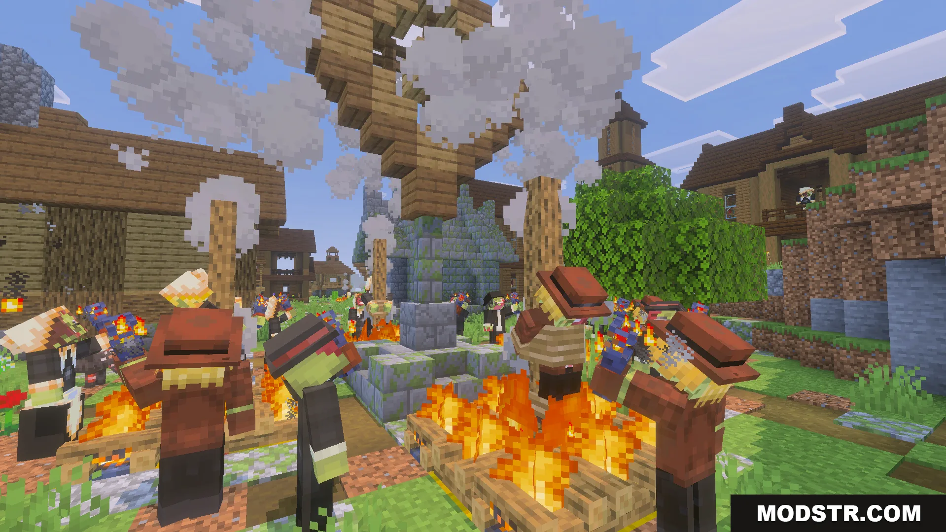 Neutral workers and werewolves gathering around burning campfires in a wooden village