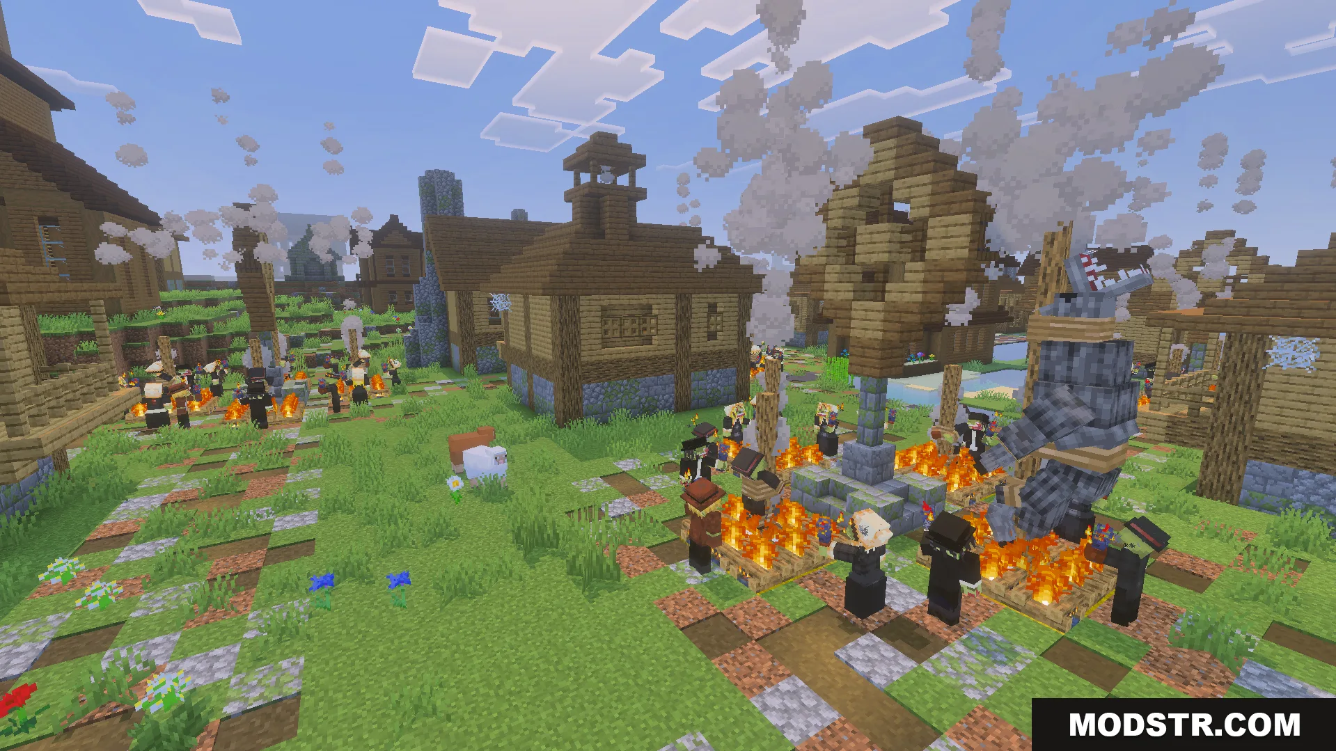 Neutral workers standing around campfires with captured werewolves in a village