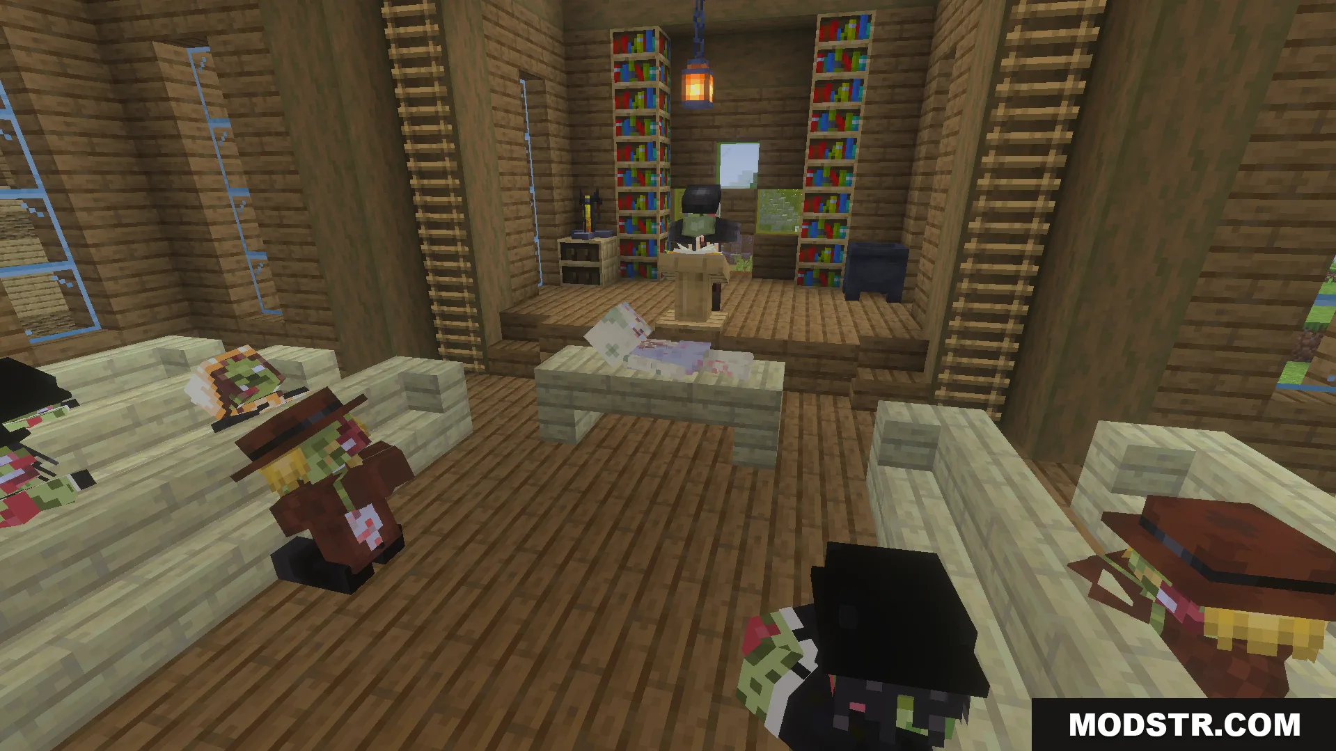 Evil scarecrows and neutral workers performing a dark ritual inside a wooden building