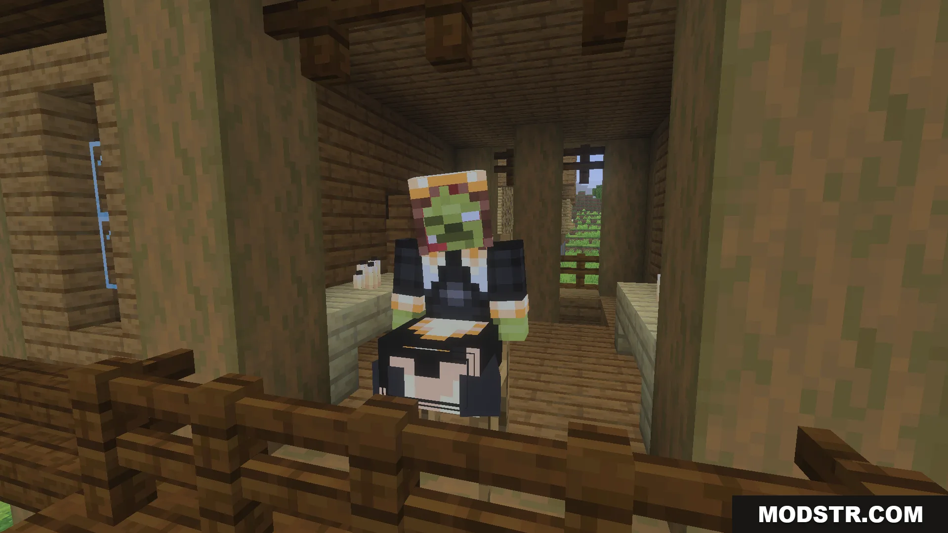 Neutral worker NPC wearing a maid outfit inside a wooden building structure