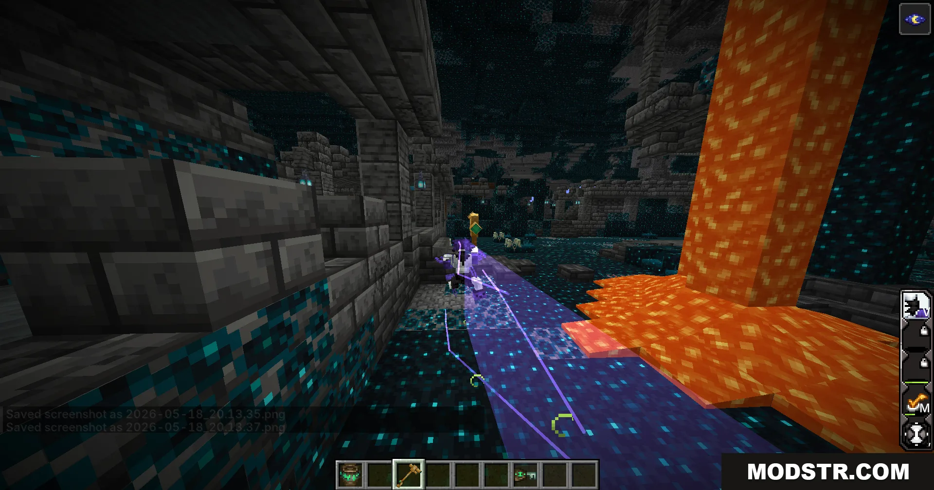 Evo Amped Up Mod Screenshot 3 Player character using a purple energy dash ability near lava in ancient city