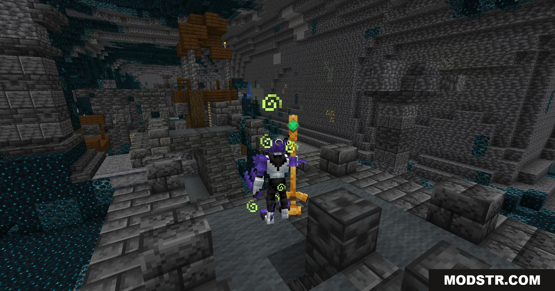Evo Amped Up Mod Screenshot 2 A player character stands in an ancient city holding a staff