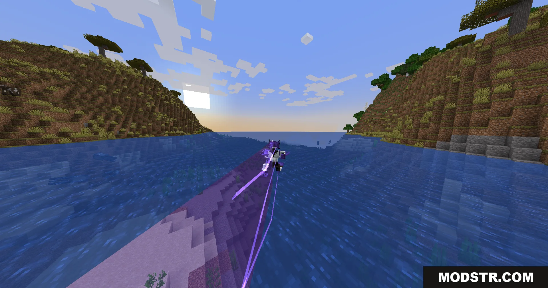 Evo Amped Up Mod Screenshot 9 Player character flying rapidly over water leaving a purple trail