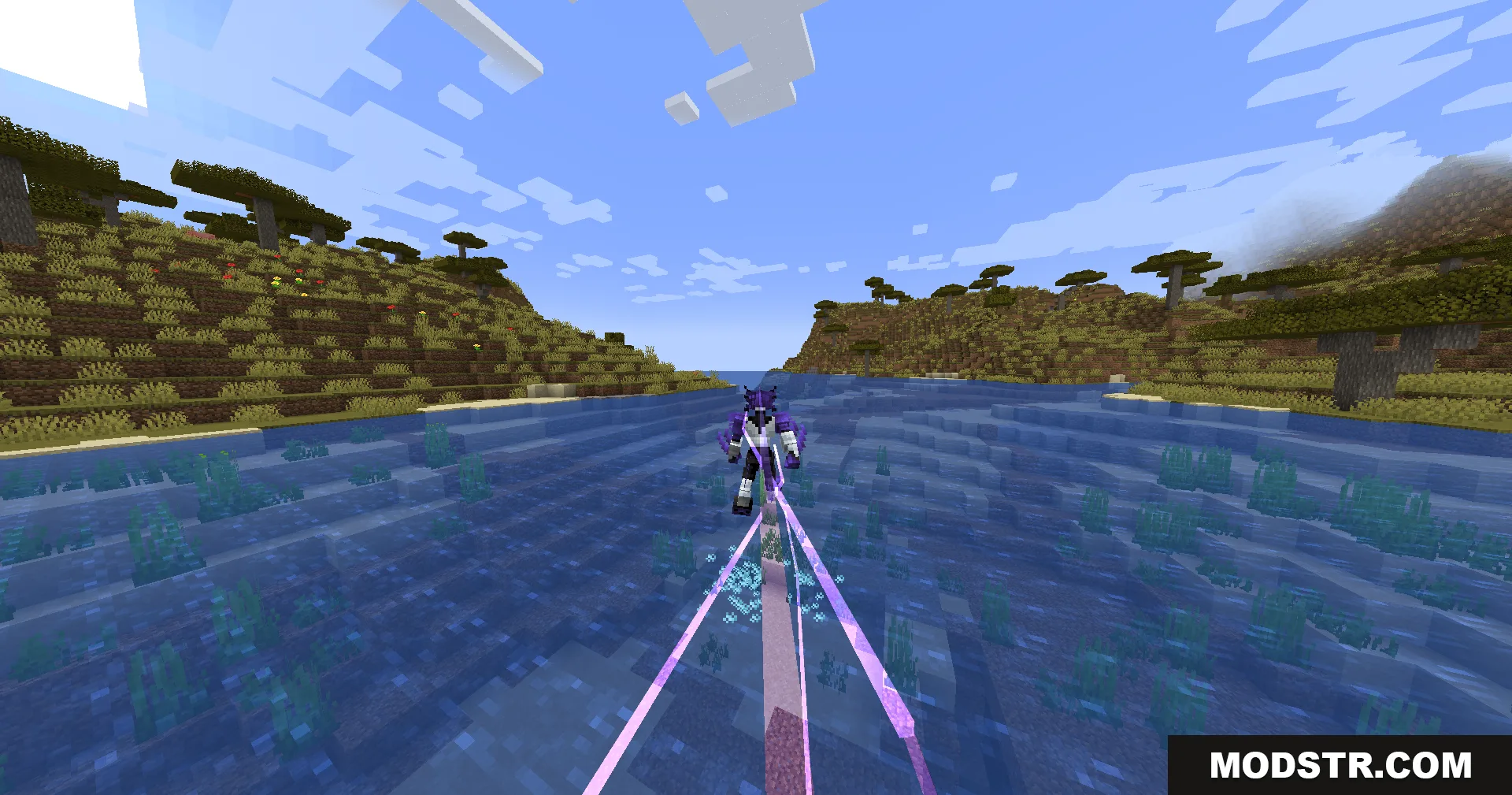 Evo Amped Up Mod Screenshot 13 Player in alien form hovering above water shooting purple energy beams