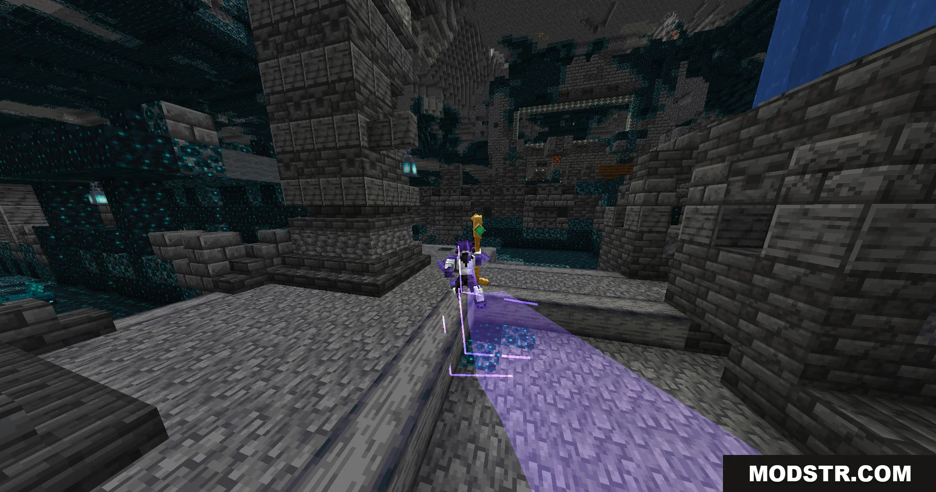 Evo Amped Up Mod Screenshot 4 Player leaving a purple energy trail while exploring an ancient city biome