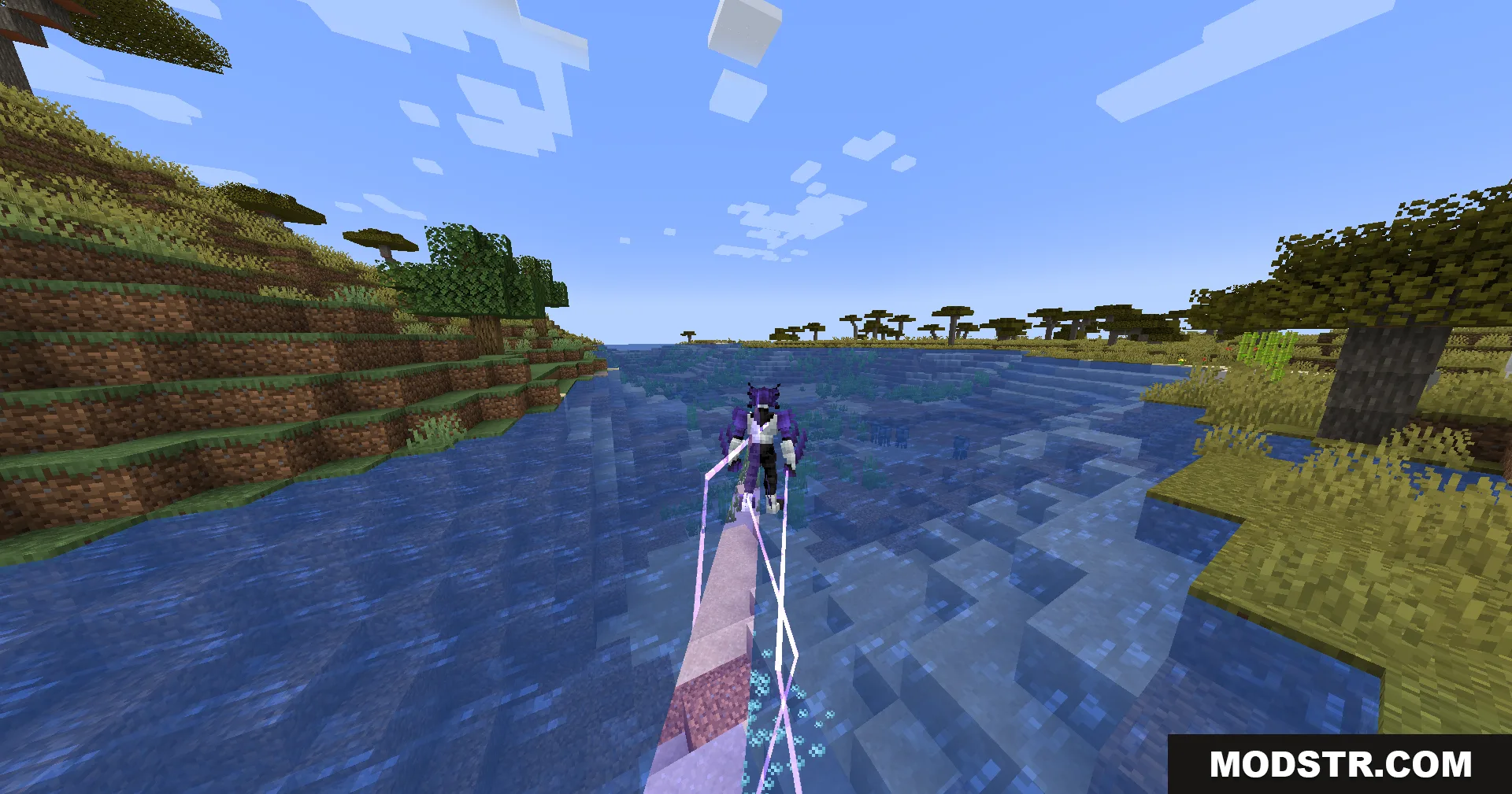 Evo Amped Up Mod Screenshot 12 Player character sprinting across a river using super speed in a savanna