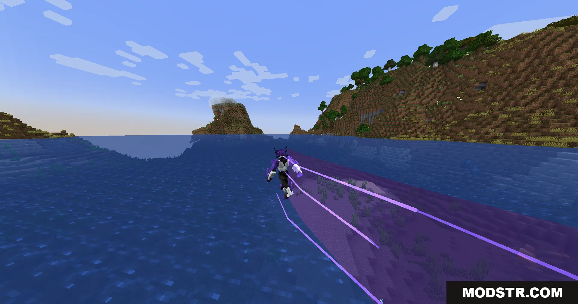 Evo Amped Up Mod Screenshot 10 Character speeding across the ocean surface with purple energy lines