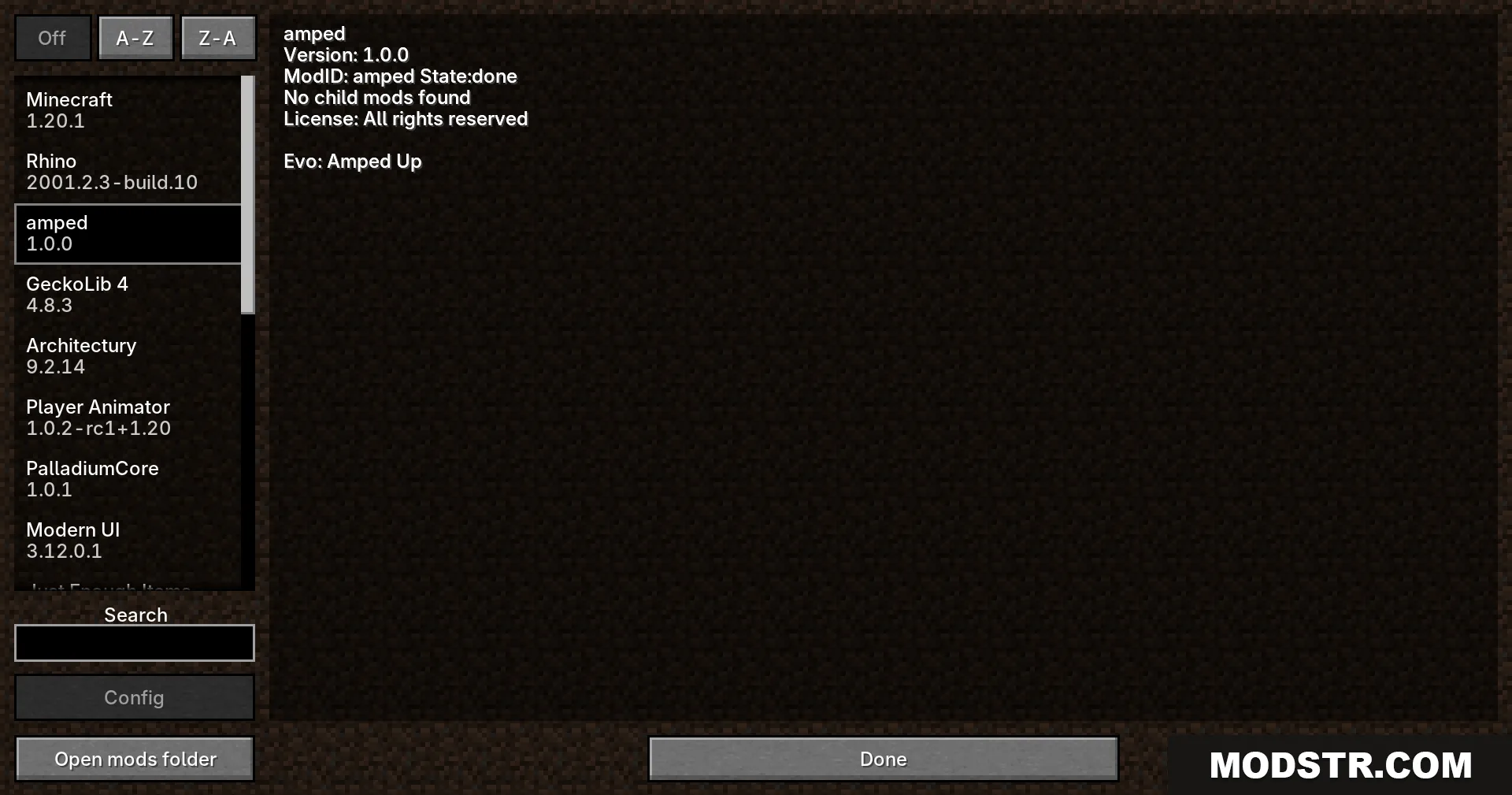 Evo Amped Up Mod Screenshot 1 A player views the mod list menu showing installed mods