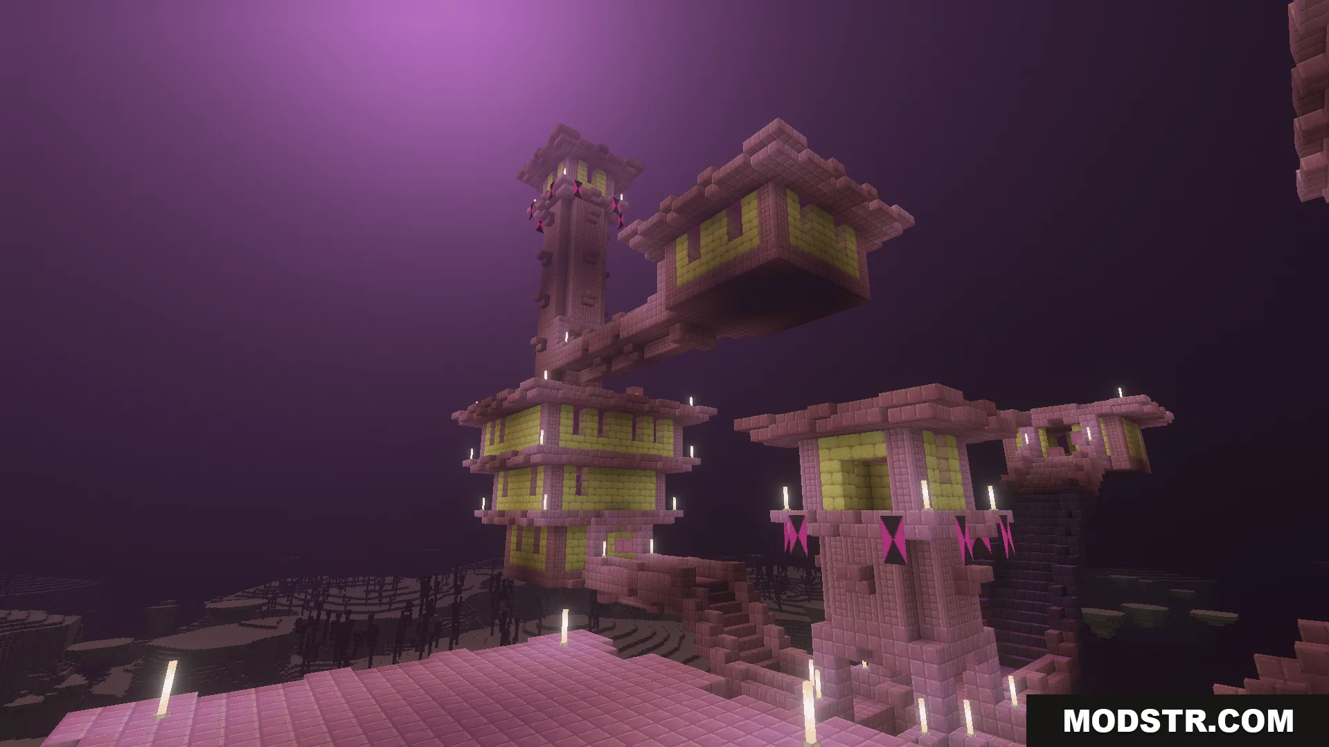 Explorers Title Addon Screenshot 8 A large End City structure with purpur towers under a purple sky