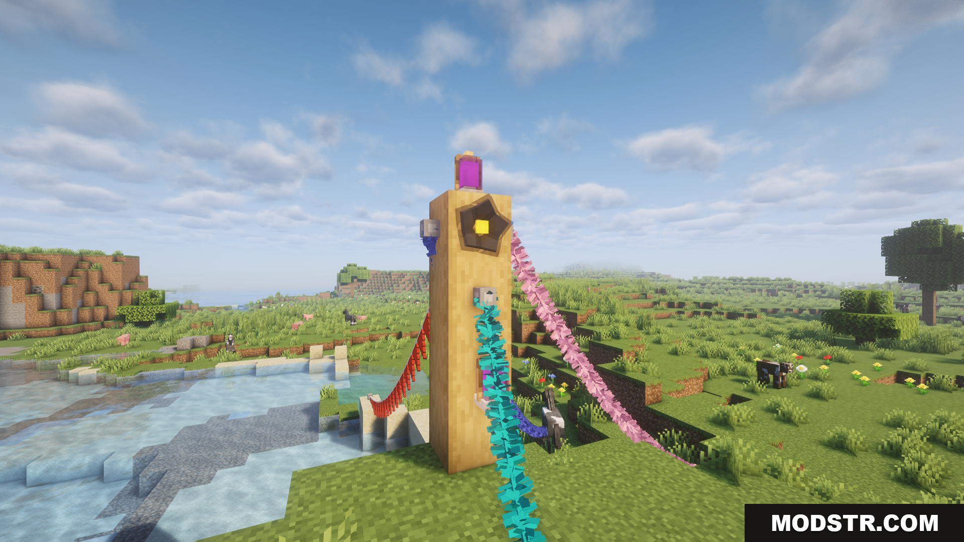 Fairy Lights Neoforge Mod Screenshot 8 A tall wooden post with colorful decorative strings attached
