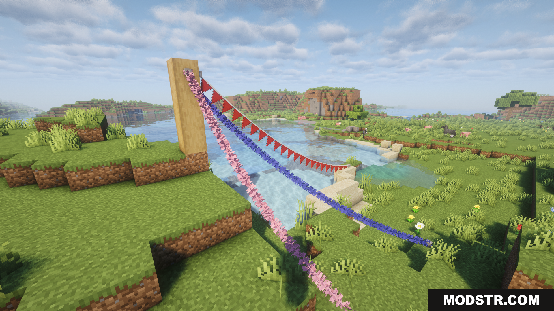 Fairy Lights Neoforge Mod Screenshot 7 Decorative pennants and garlands form a colorful bridge over a river