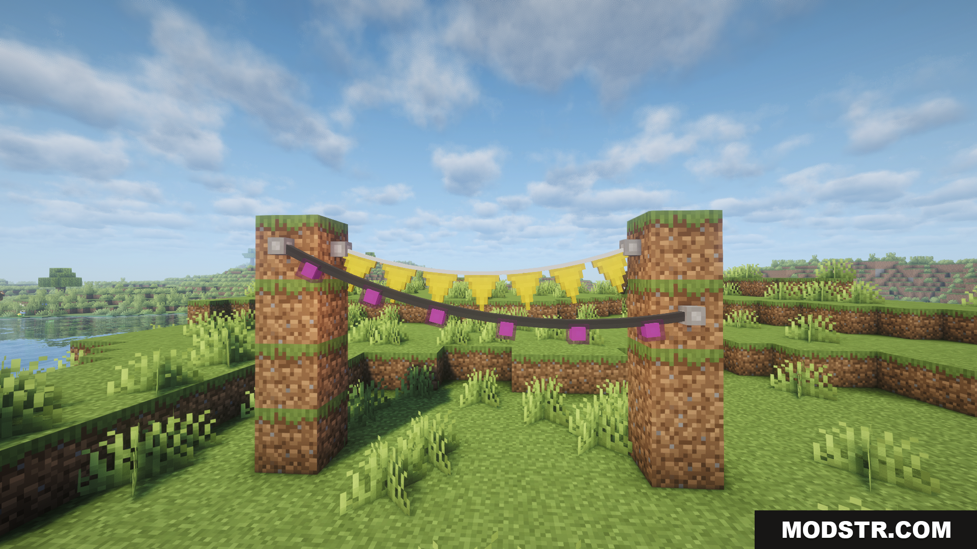 Fairy Lights Neoforge Mod Screenshot 4 Decorative pennants and lights hanging between dirt pillars