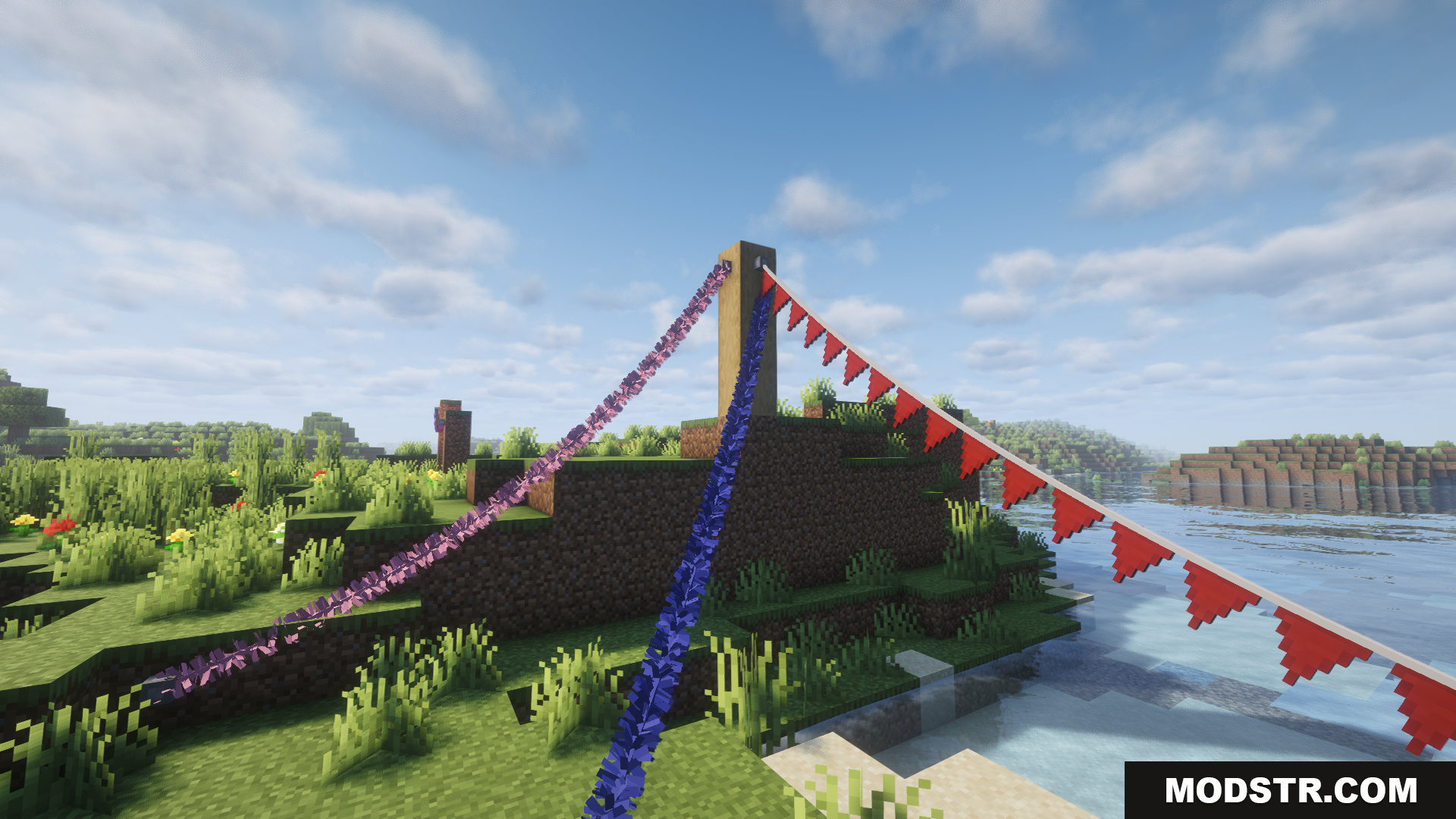 Fairy Lights Neoforge Mod Screenshot 5 Colorful pennants and garlands hanging from a wooden post