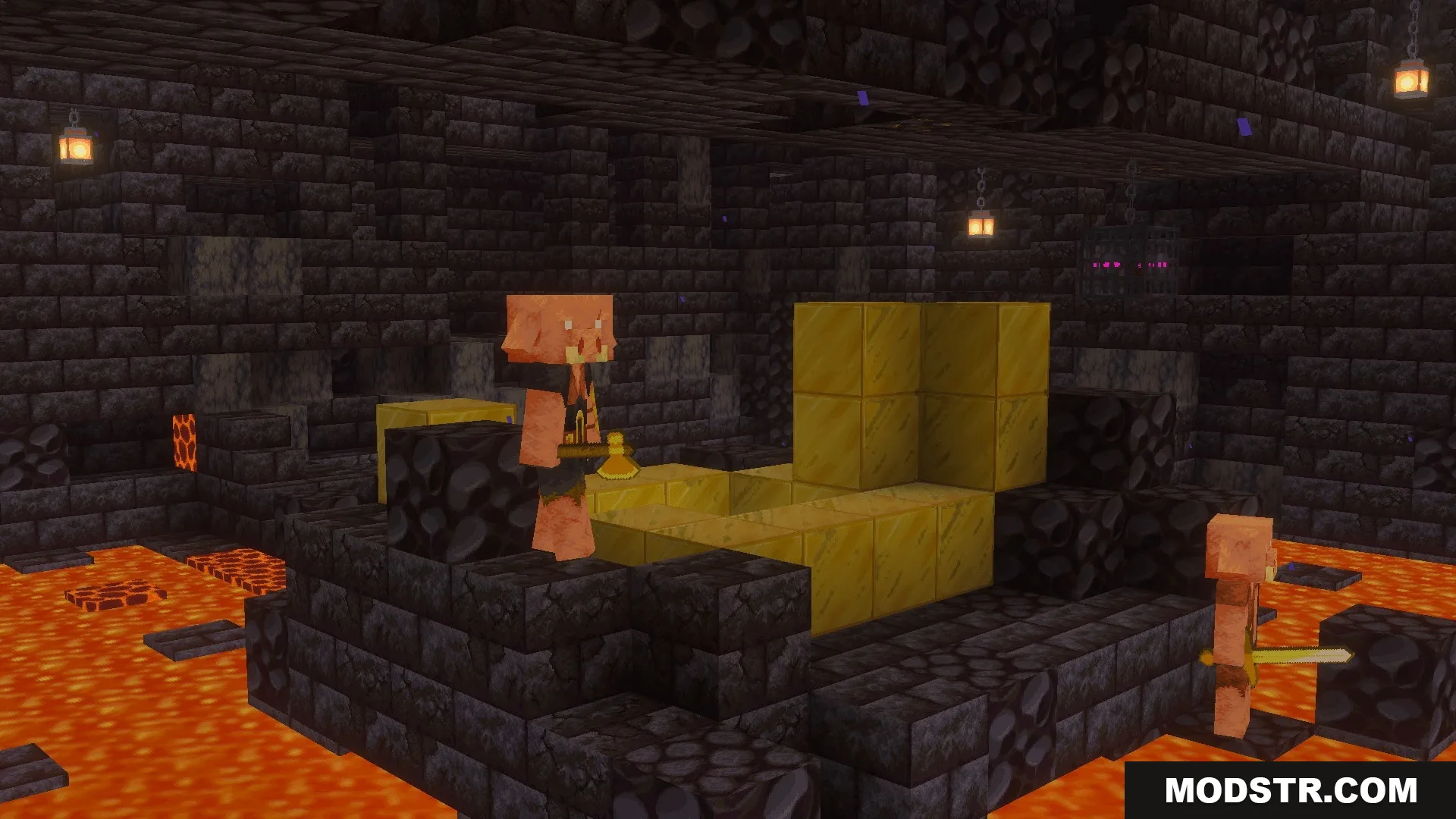 Piglin brutes guarding gold blocks in a detailed blackstone bastion structure
