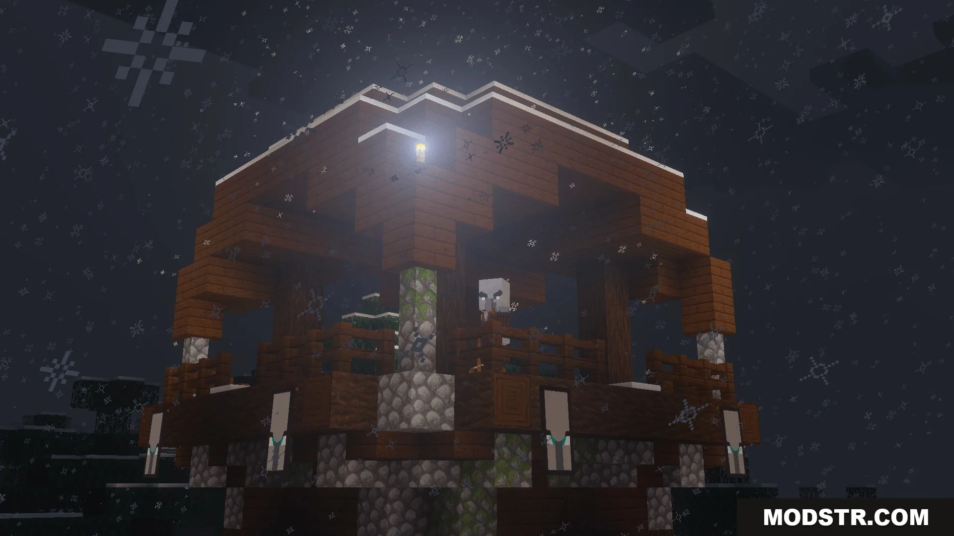 Pillager standing on a detailed wooden outpost during a heavy snow storm