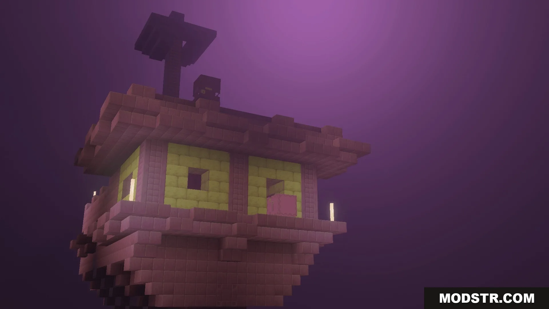 A detailed end ship floating in the purple sky of the end dimension