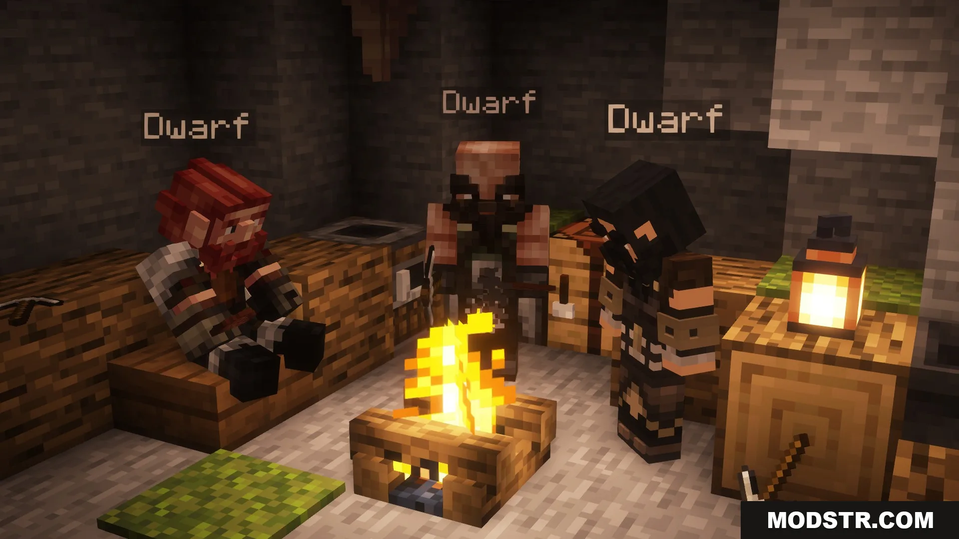 Fancy Npcs Plugin Screenshot 1 Three custom dwarf NPCs sitting and standing around a campfire in a cave