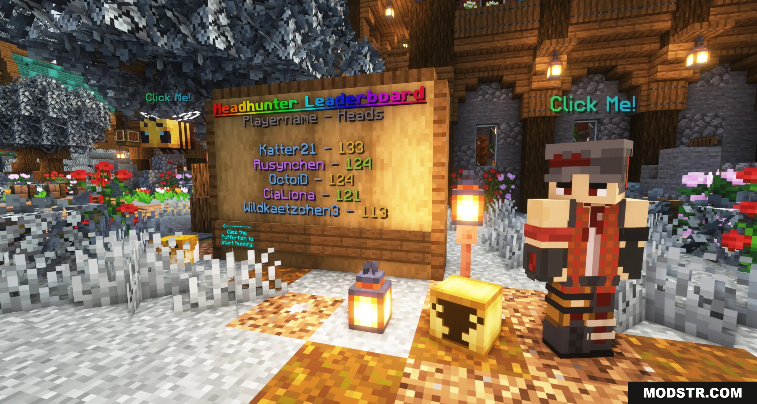 Fancy Npcs Plugin Screenshot 4 Interactive NPC character standing next to a leaderboard sign in a snowy lobby