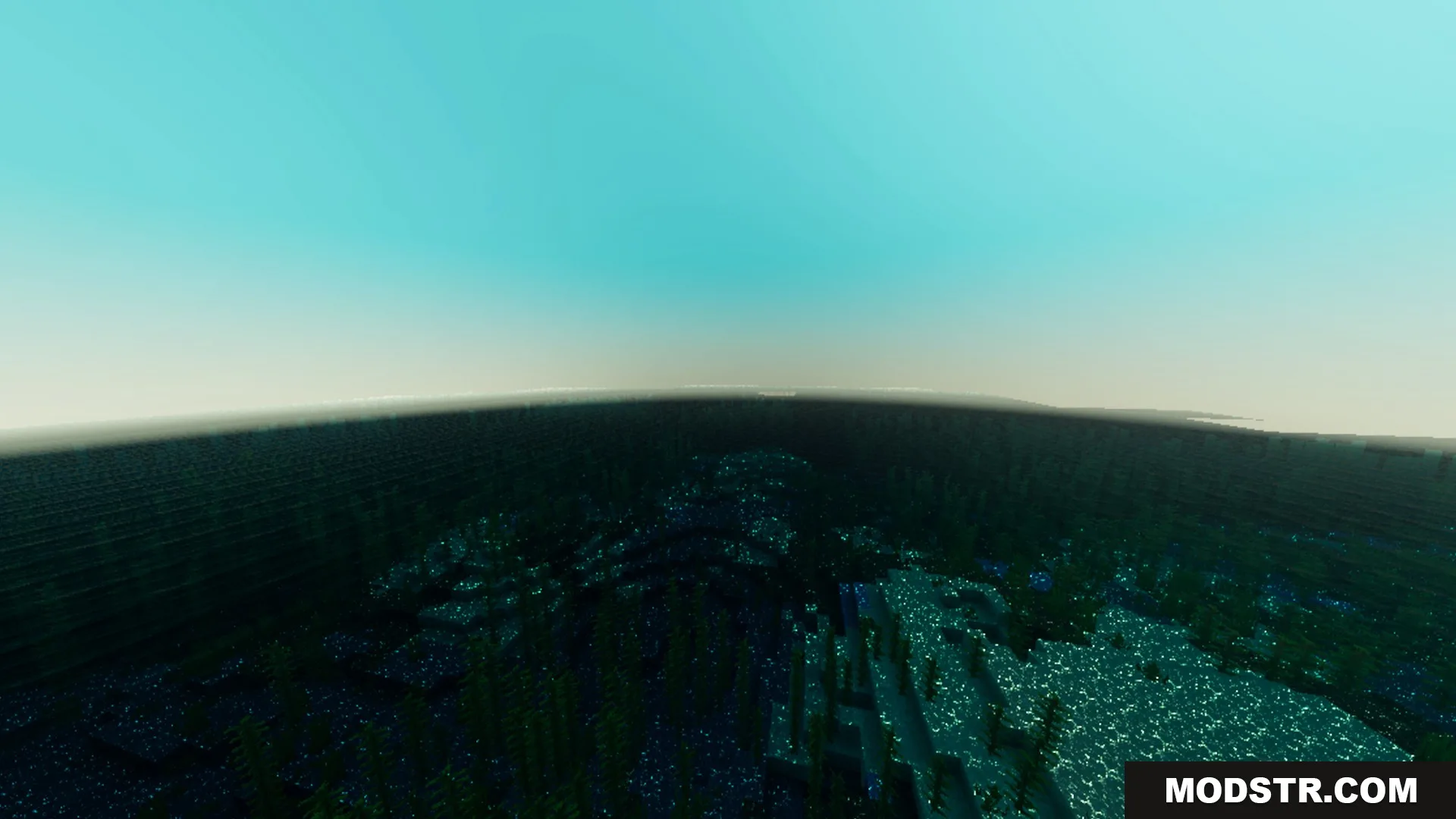 Fantasia Shader Screenshot 4 Vibrant teal sky glows above a lush underwater kelp forest in Minecraft