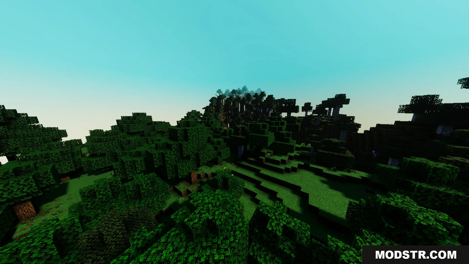 Fantasia Shader Screenshot 7 Vibrant green forest landscape with rolling hills under a bright fantasy sky