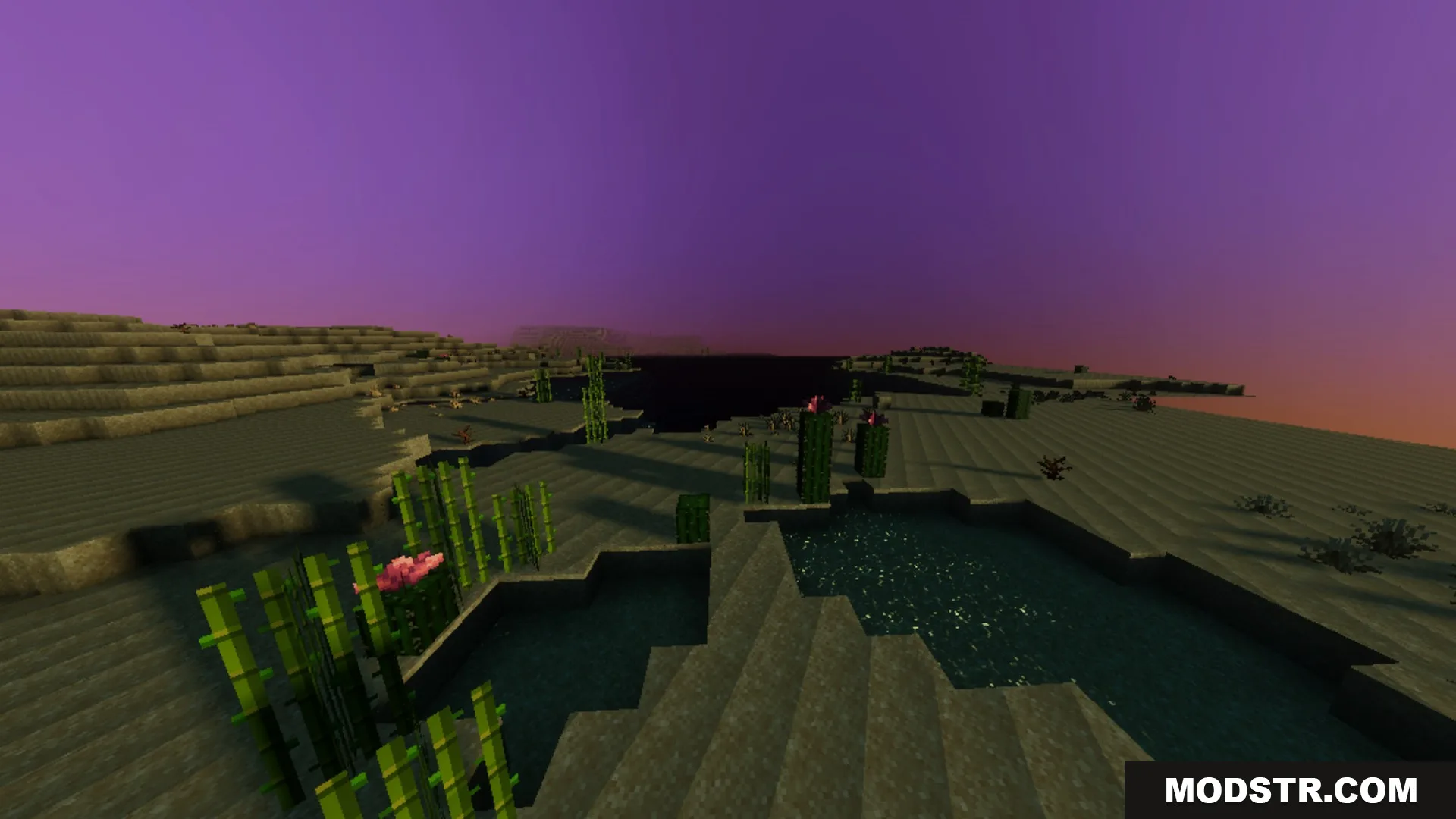 Fantasia Shader Screenshot 9 A desert landscape with bamboo and water under a vibrant purple sky