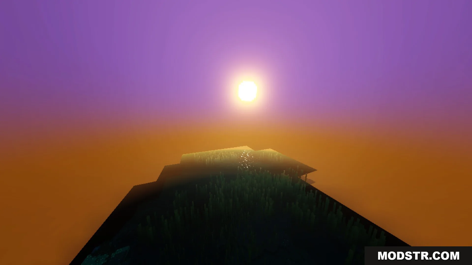 Fantasia Shader Screenshot 2 Beautiful fantasy sunset with purple and orange skies over a small grassy island