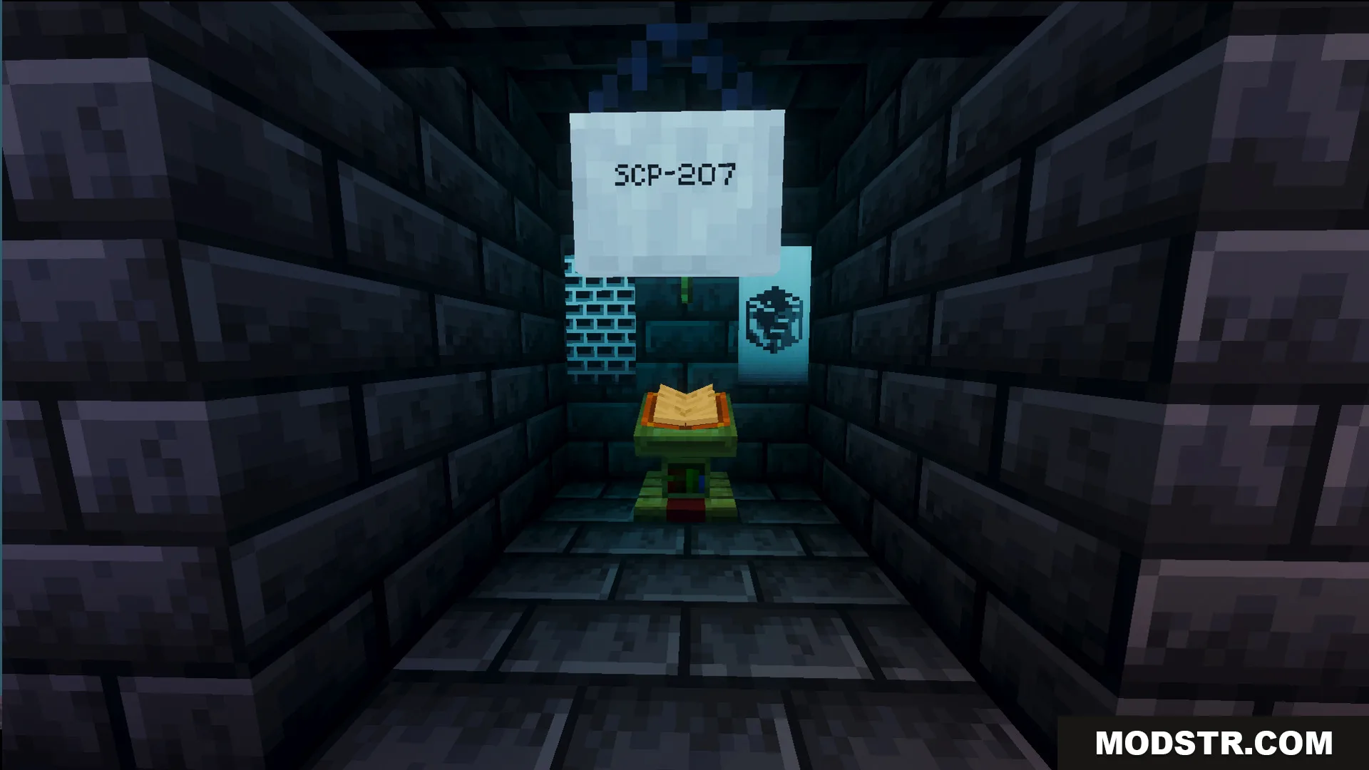 Fazbears Pizzeria Horror Ofv2 Map Screenshot 16 Lectern with an open book under a sign labeled SCP 207 in hallway